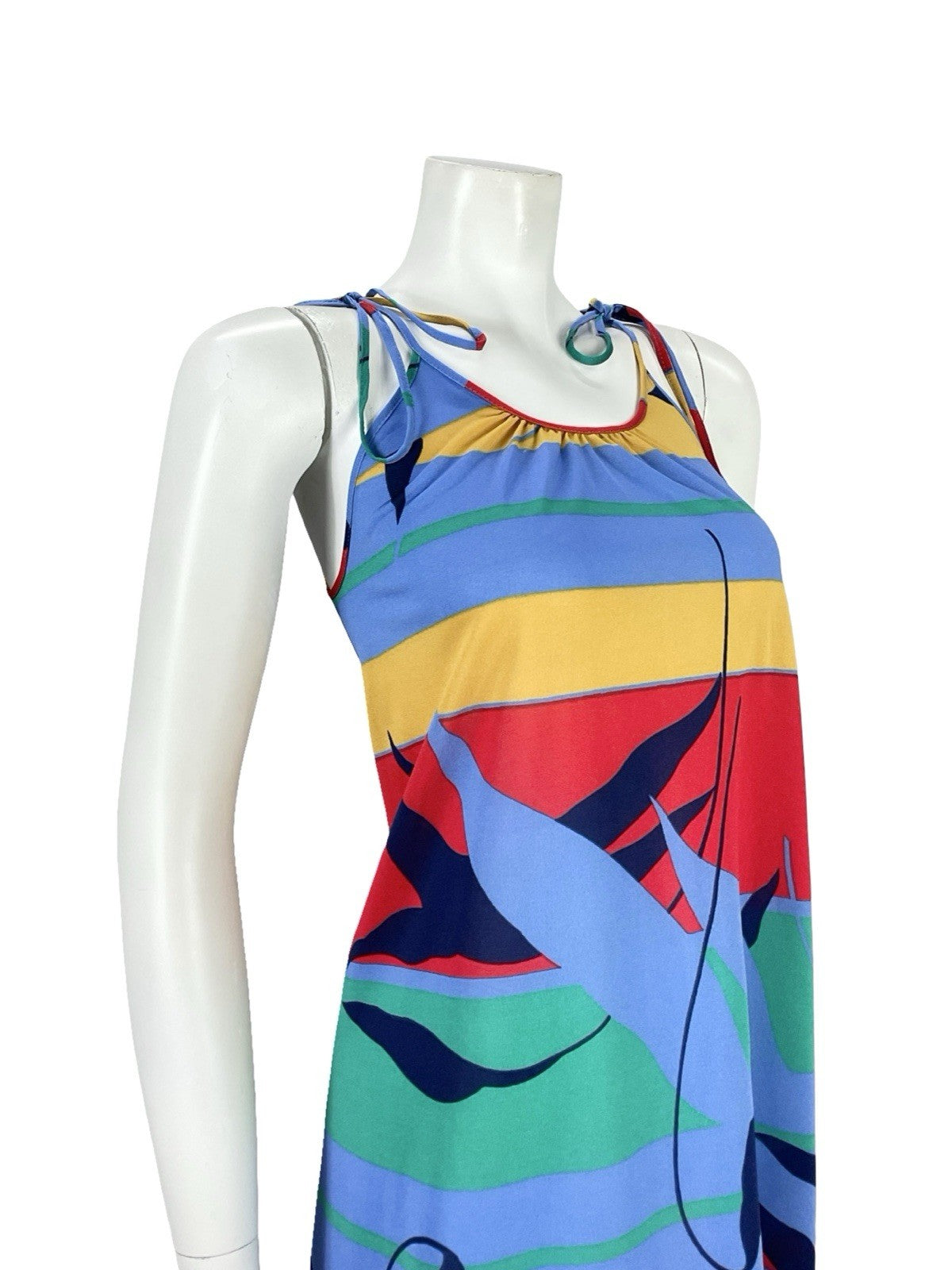 VTG 60S 70S BLUE RED YELLOW GREEN STRIPED GEOMETRIC LEAF TENT DRESS S 8 10