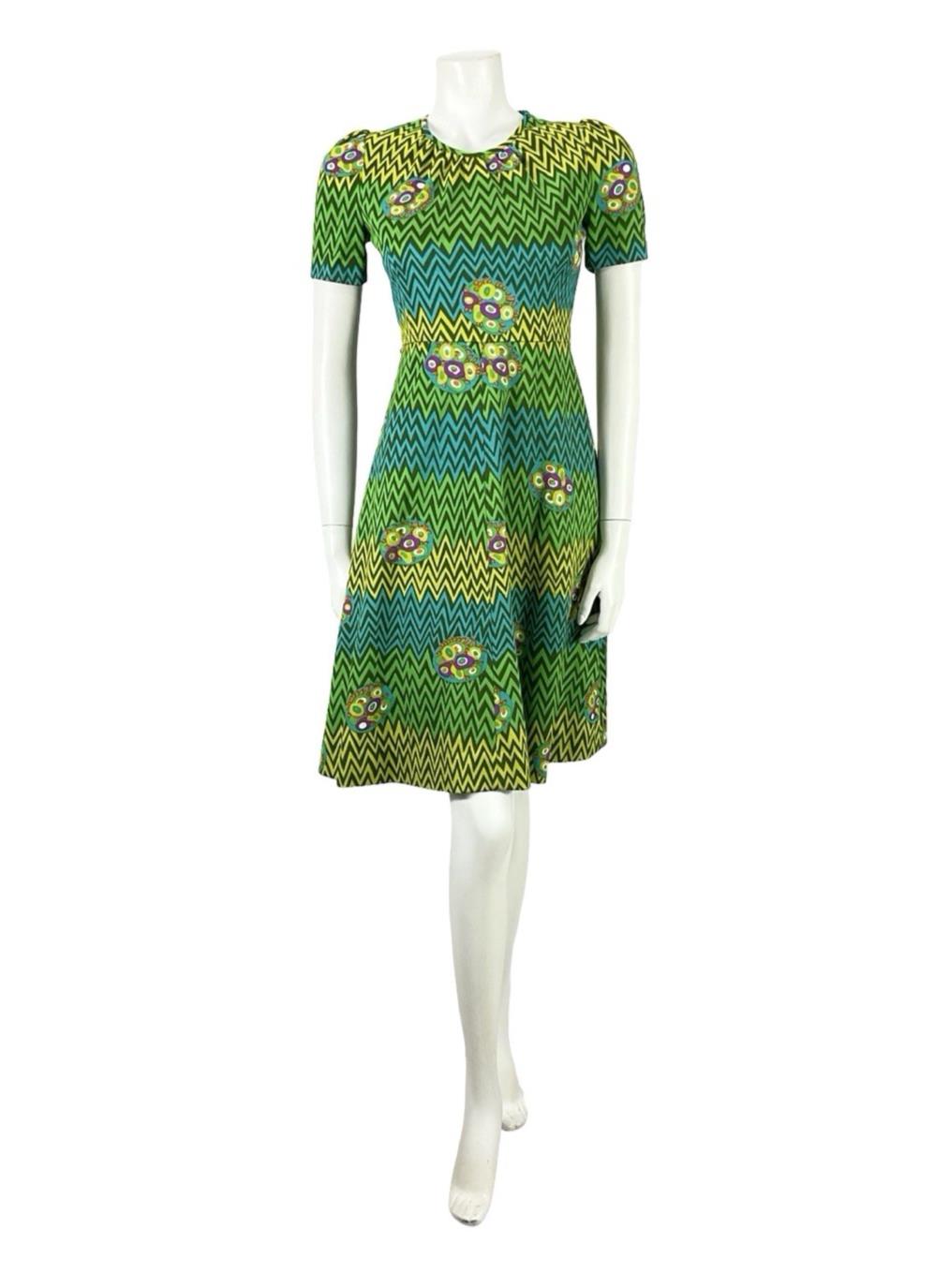 VTG 60S 70S GREEN BLUE PURPLE GEOMETRIC MOD A LINE ZIG ZAG DRESS XS 6