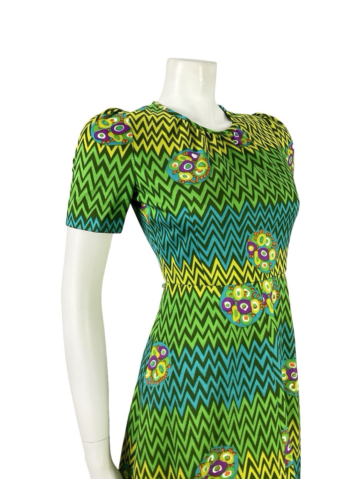 VTG 60S 70S GREEN BLUE PURPLE GEOMETRIC MOD A LINE ZIG ZAG DRESS XS 6