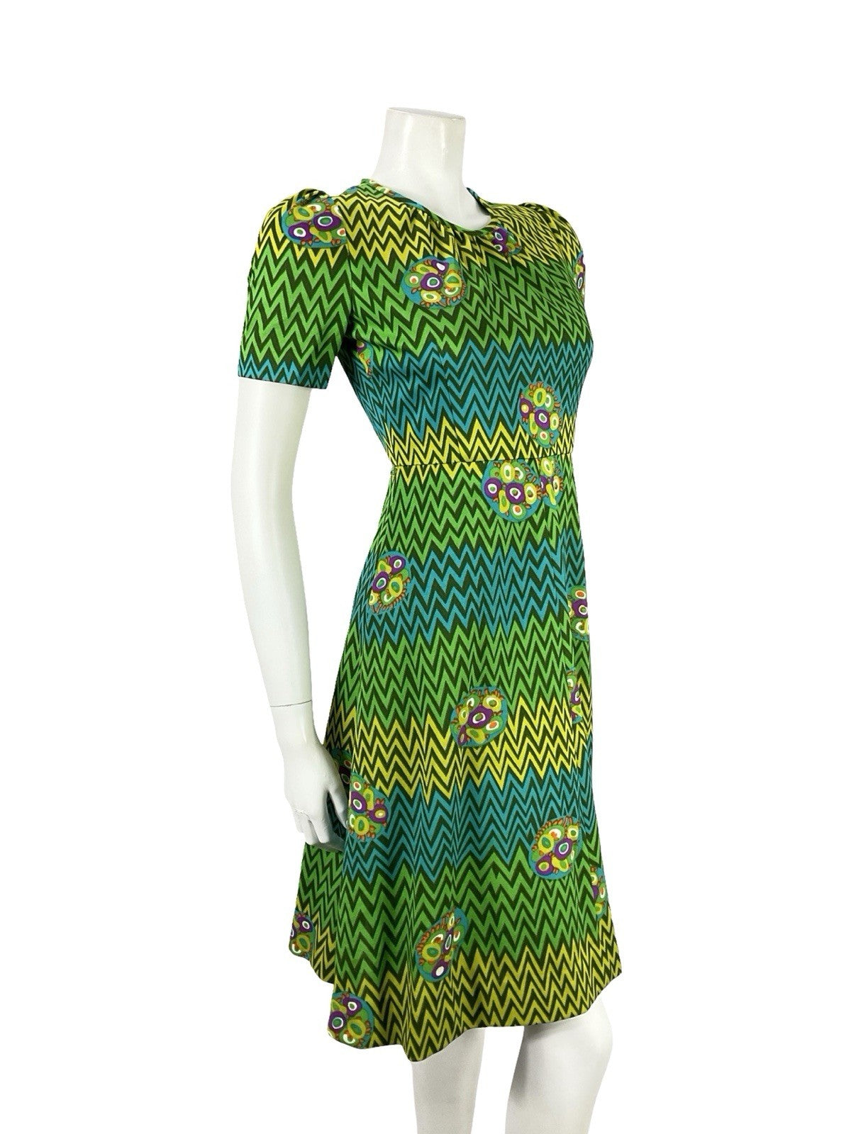 VTG 60S 70S GREEN BLUE PURPLE GEOMETRIC MOD A LINE ZIG ZAG DRESS XS 6