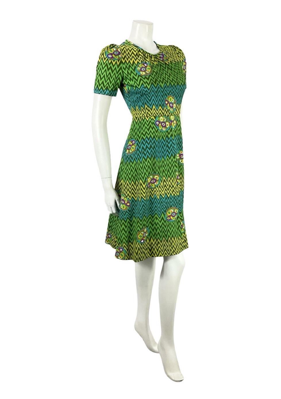 VTG 60S 70S GREEN BLUE PURPLE GEOMETRIC MOD A LINE ZIG ZAG DRESS XS 6