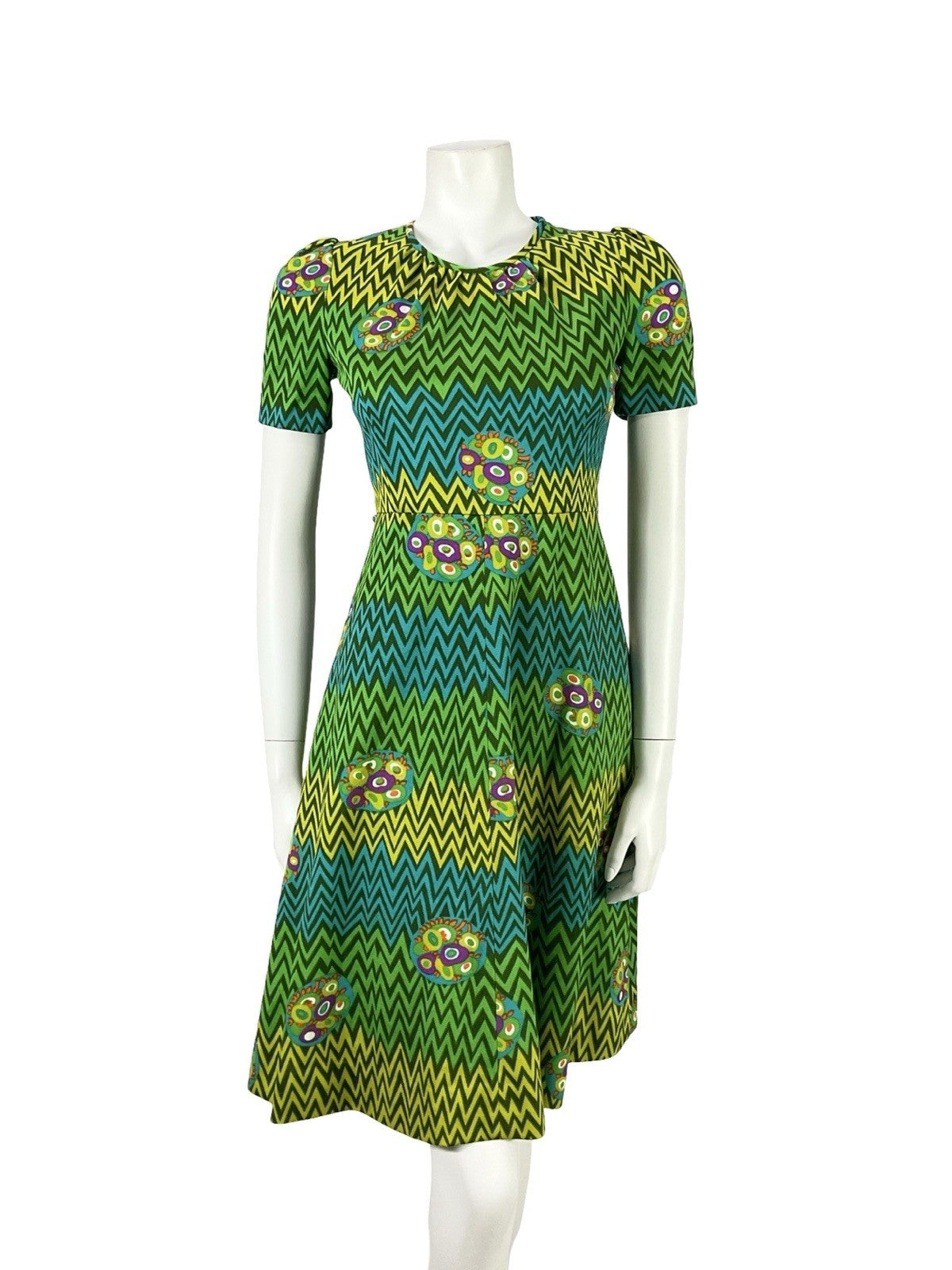VTG 60S 70S GREEN BLUE PURPLE GEOMETRIC MOD A LINE ZIG ZAG DRESS XS 6