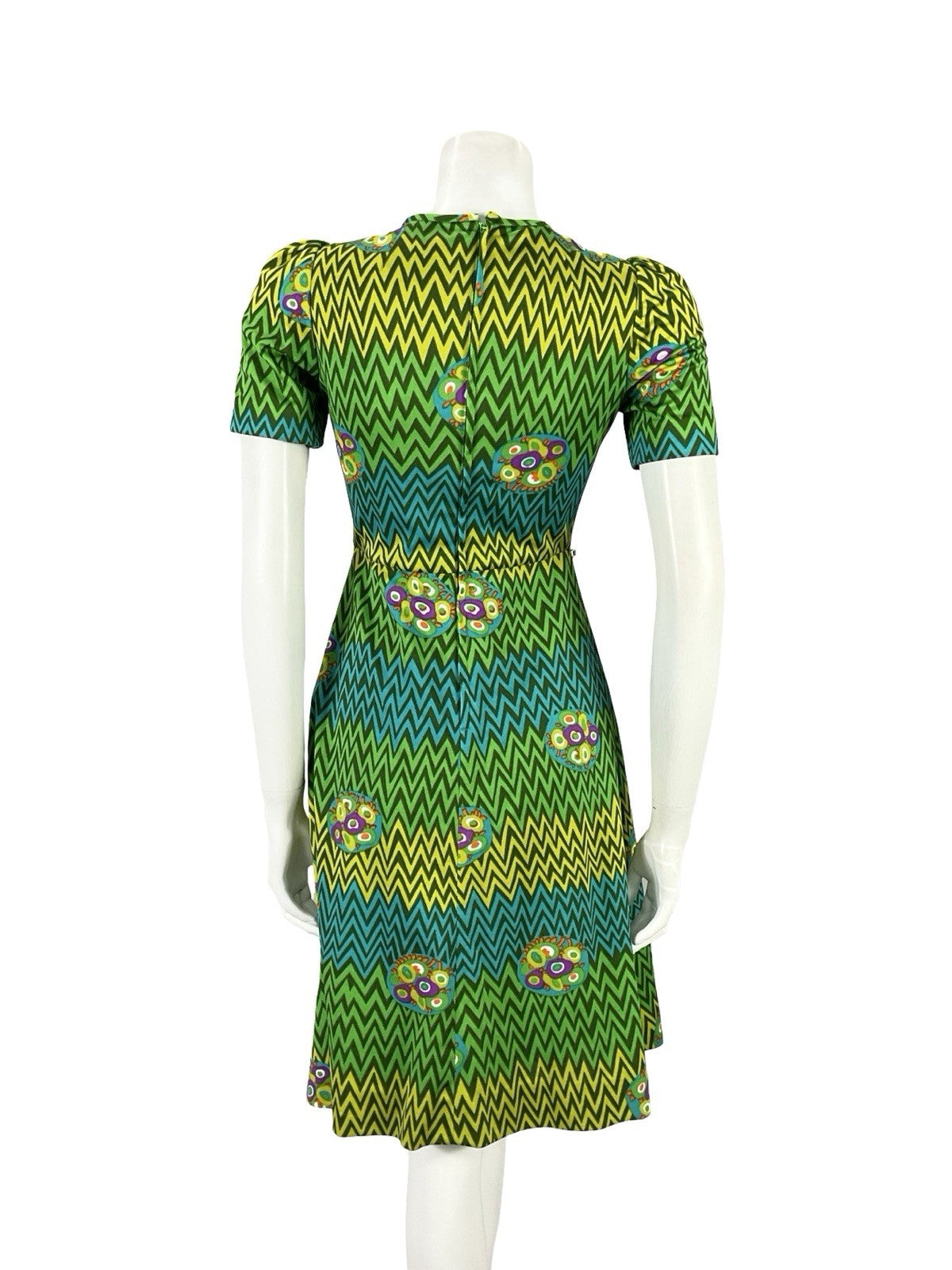 VTG 60S 70S GREEN BLUE PURPLE GEOMETRIC MOD A LINE ZIG ZAG DRESS XS 6