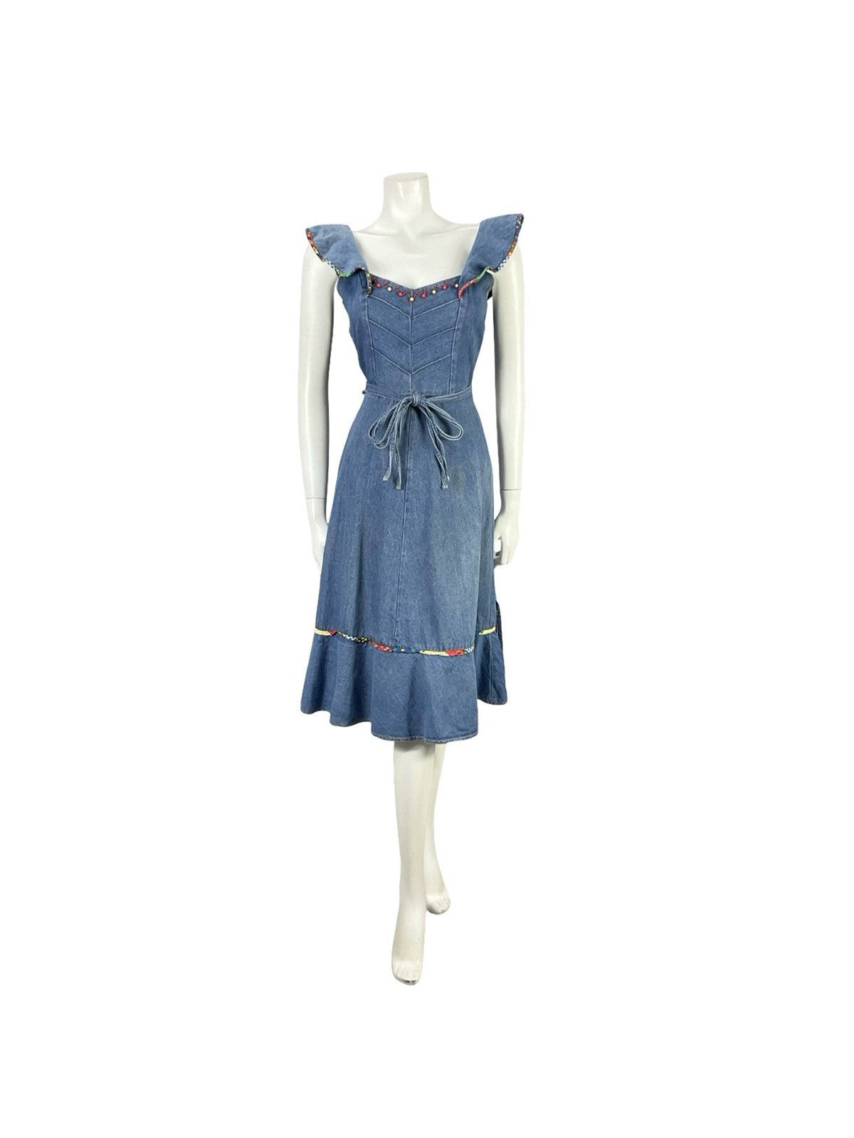 VTG 70S BLUE RED YELLOW DENIM RIC RAC HIPPY RUFFLE BEADED WRAP DRESS 8