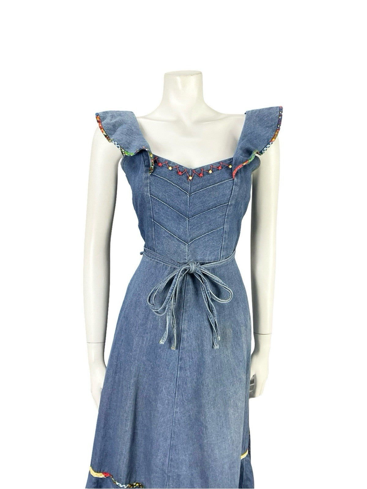 VTG 70S BLUE RED YELLOW DENIM RIC RAC HIPPY RUFFLE BEADED WRAP DRESS 8