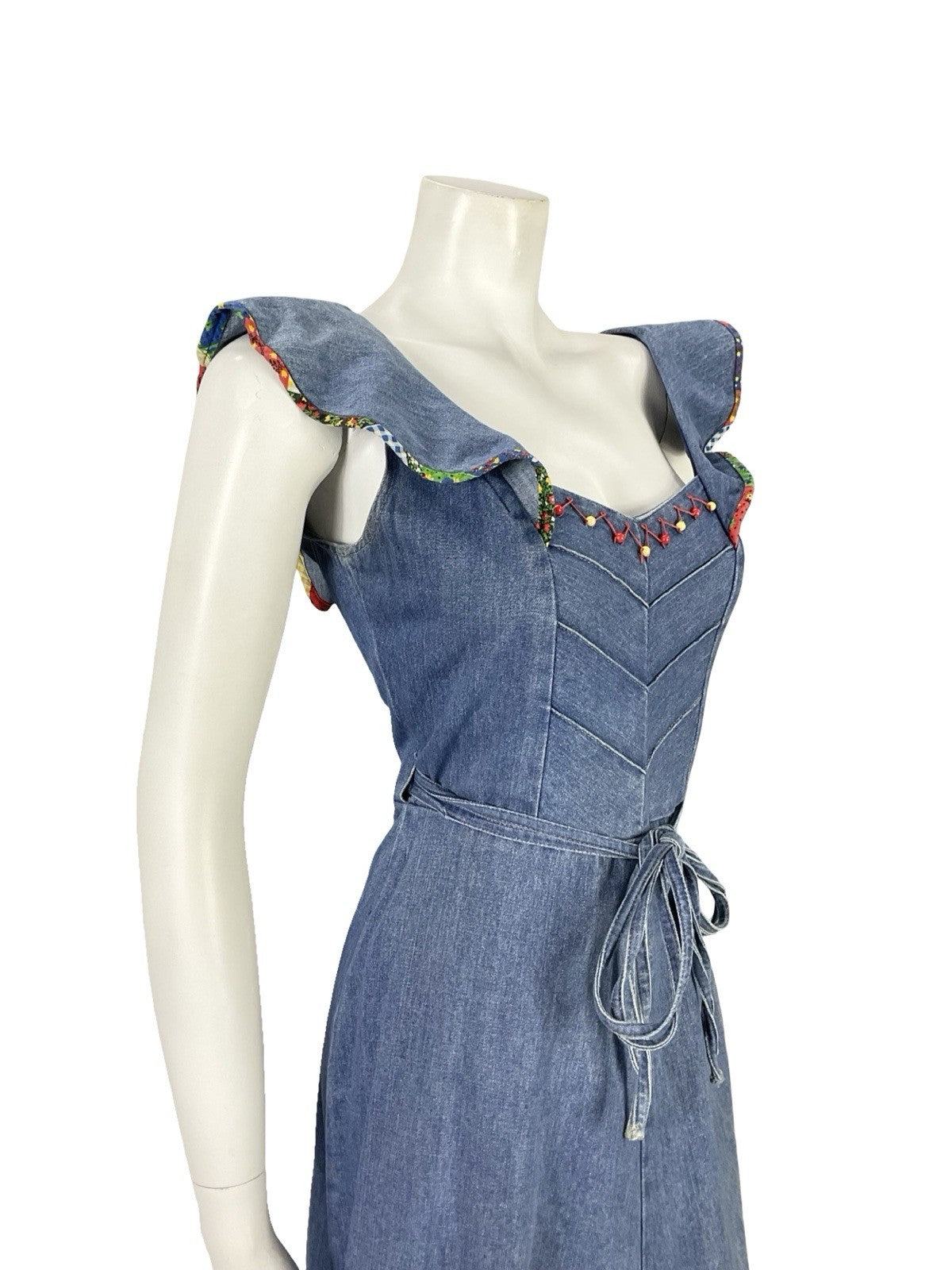VTG 70S BLUE RED YELLOW DENIM RIC RAC HIPPY RUFFLE BEADED WRAP DRESS 8
