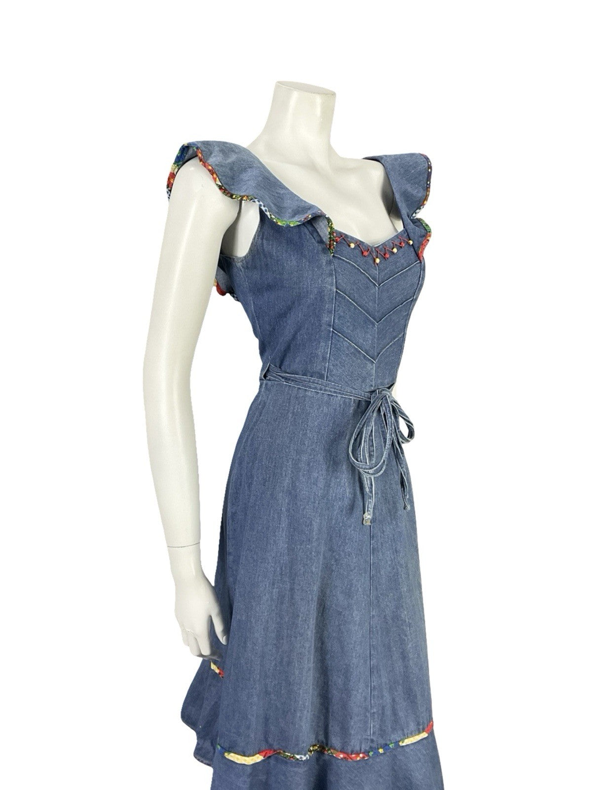 VTG 70S BLUE RED YELLOW DENIM RIC RAC HIPPY RUFFLE BEADED WRAP DRESS 8