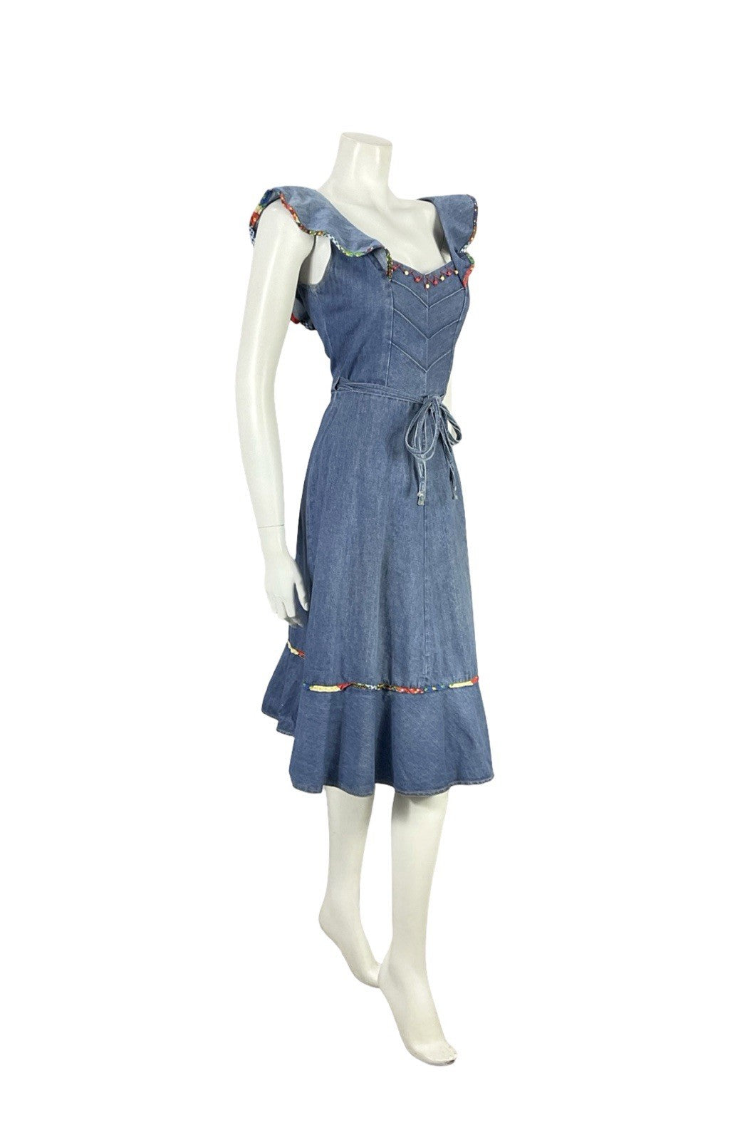 VTG 70S BLUE RED YELLOW DENIM RIC RAC HIPPY RUFFLE BEADED WRAP DRESS 8
