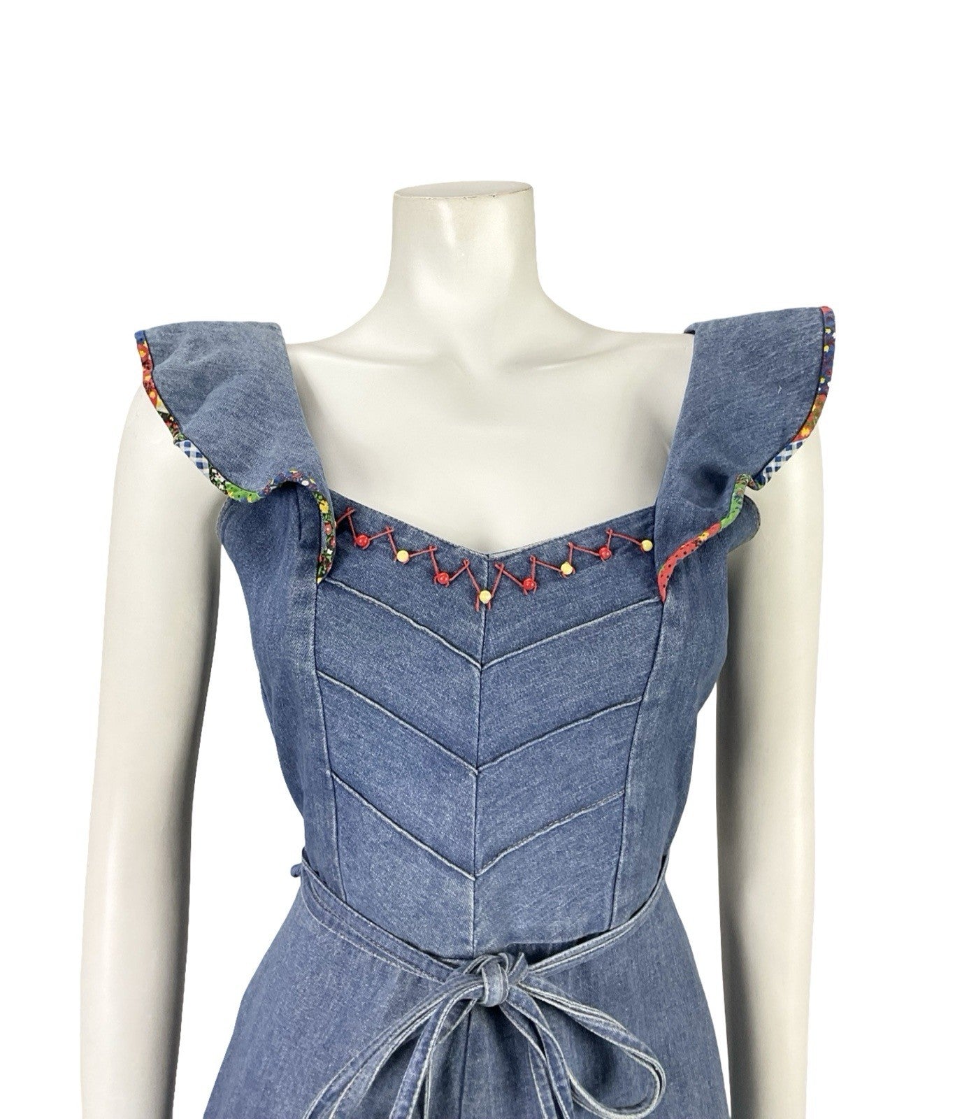 VTG 70S BLUE RED YELLOW DENIM RIC RAC HIPPY RUFFLE BEADED WRAP DRESS 8