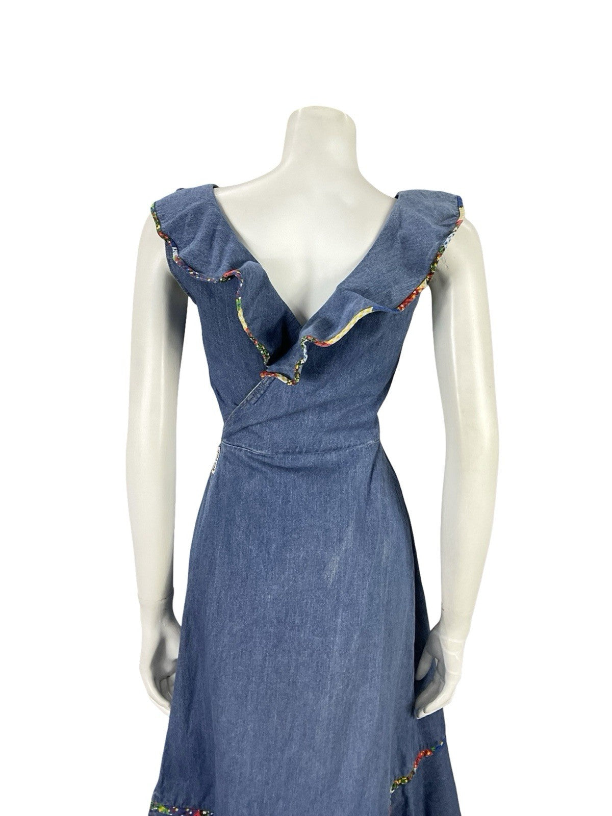 VTG 70S BLUE RED YELLOW DENIM RIC RAC HIPPY RUFFLE BEADED WRAP DRESS 8