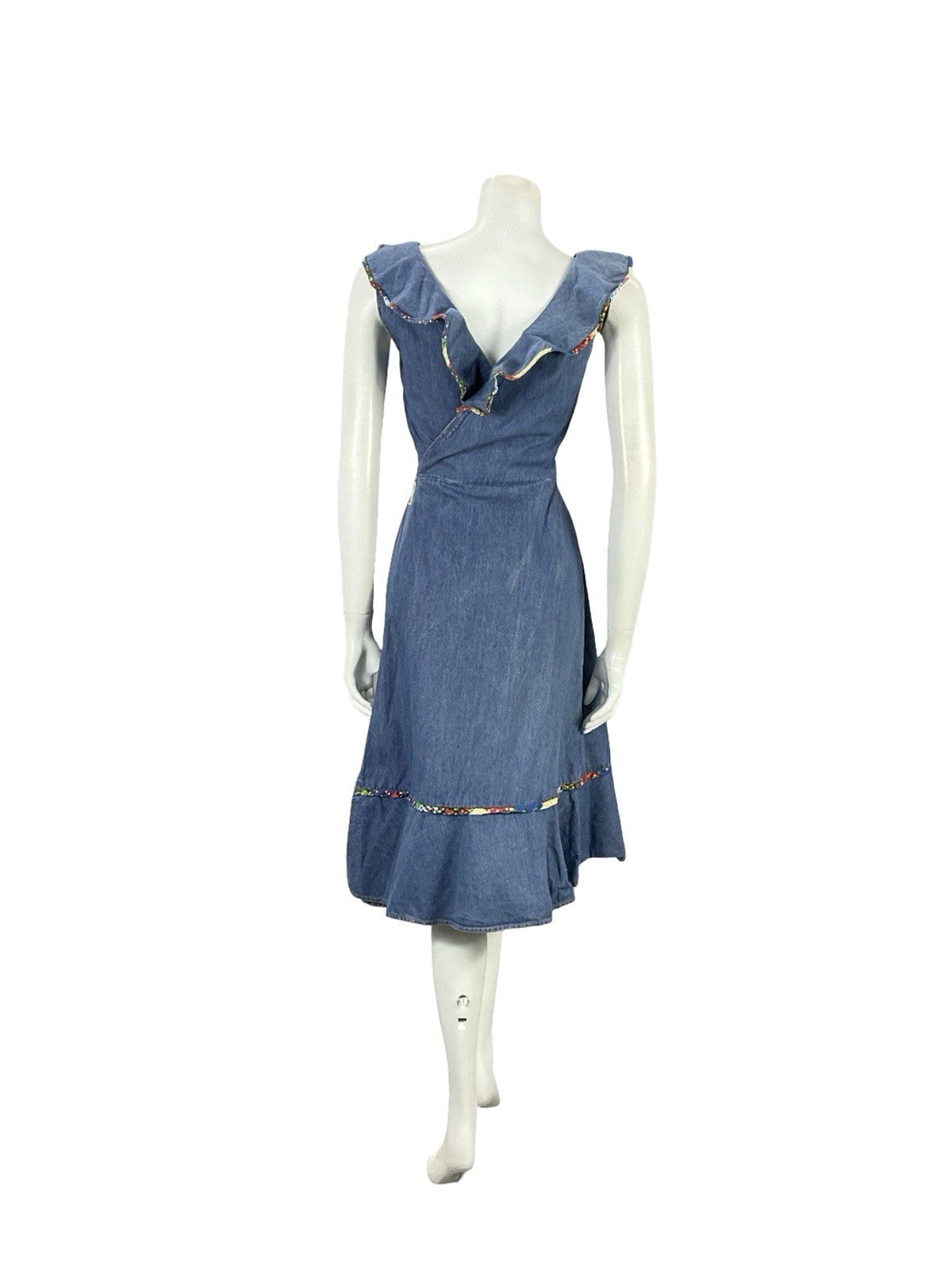 VTG 70S BLUE RED YELLOW DENIM RIC RAC HIPPY RUFFLE BEADED WRAP DRESS 8