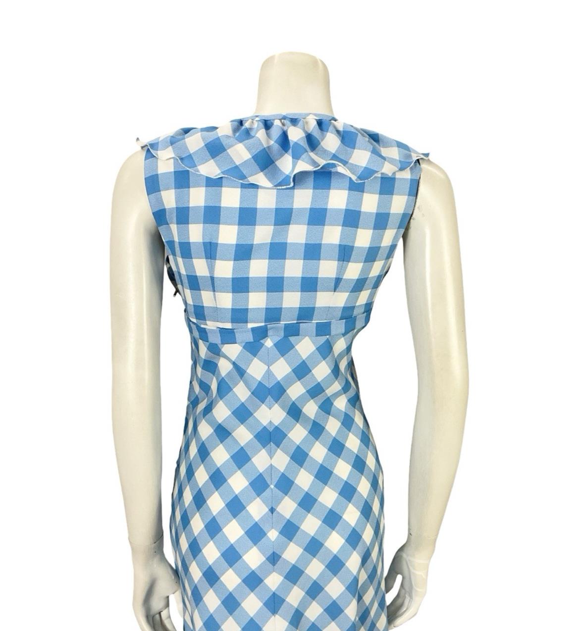 VTG 70S BLUE WHITE RUFFLE EMPIRE GINGHAM BOW COTTAGE PRAIRIE MIDI DRESS 8