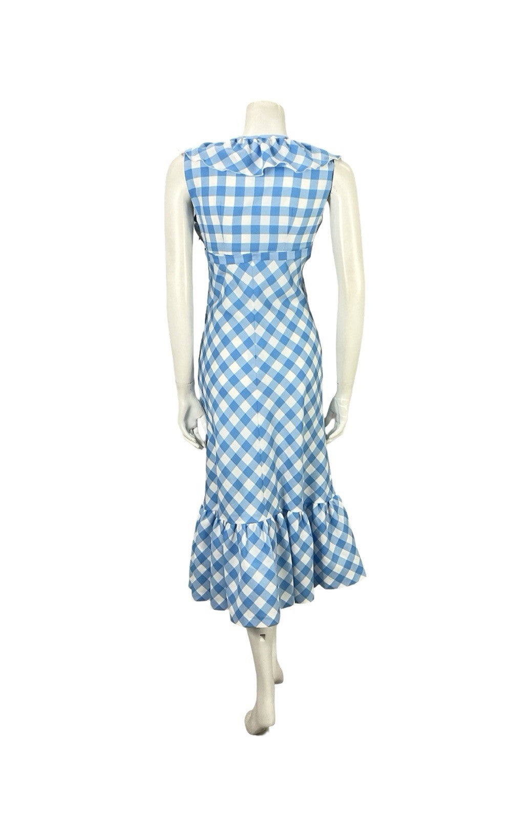 VTG 70S BLUE WHITE RUFFLE EMPIRE GINGHAM BOW COTTAGE PRAIRIE MIDI DRESS 8
