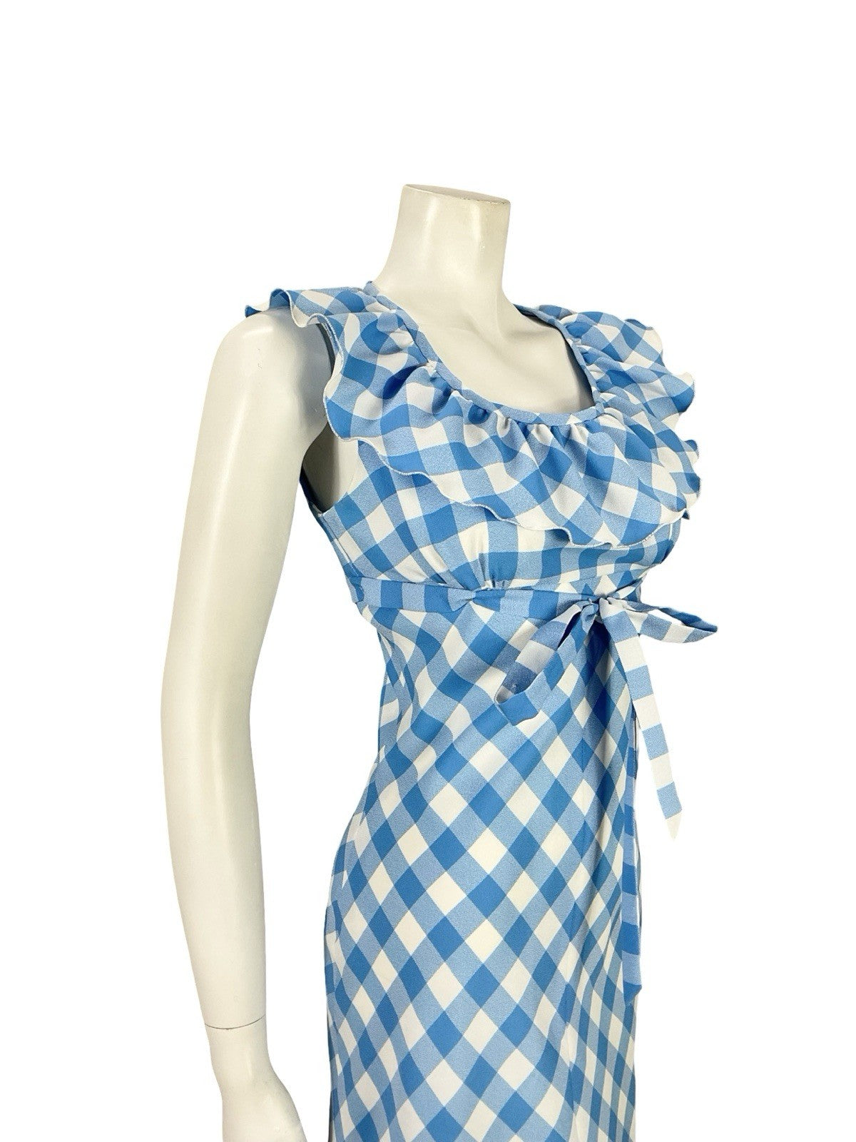 VTG 70S BLUE WHITE RUFFLE EMPIRE GINGHAM BOW COTTAGE PRAIRIE MIDI DRESS 8