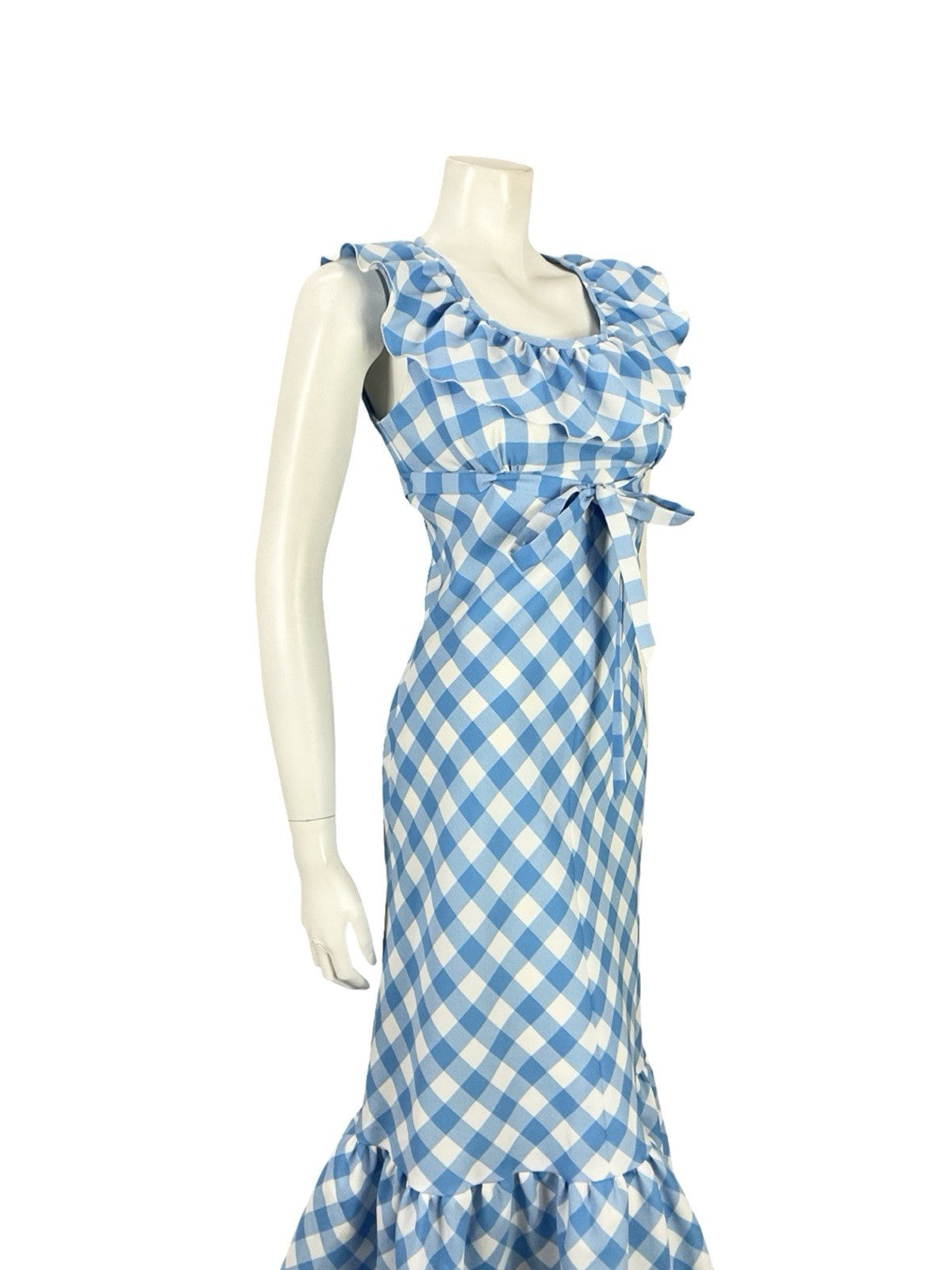 VTG 70S BLUE WHITE RUFFLE EMPIRE GINGHAM BOW COTTAGE PRAIRIE MIDI DRESS 8