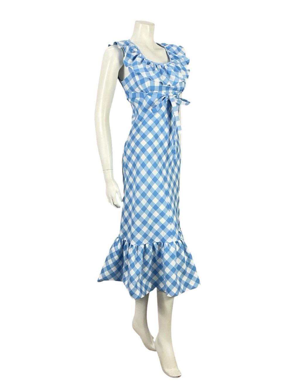 VTG 70S BLUE WHITE RUFFLE EMPIRE GINGHAM BOW COTTAGE PRAIRIE MIDI DRESS 8