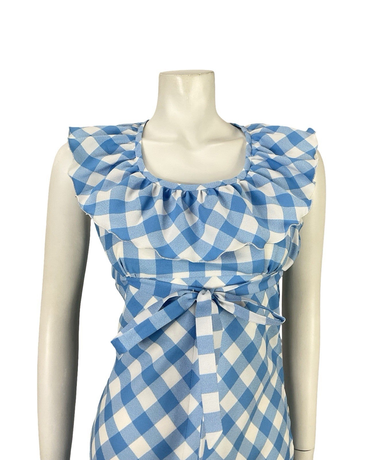 VTG 70S BLUE WHITE RUFFLE EMPIRE GINGHAM BOW COTTAGE PRAIRIE MIDI DRESS 8