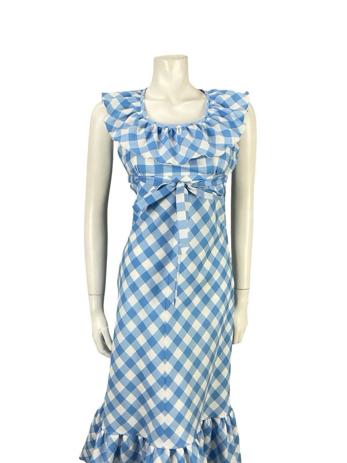 VTG 70S BLUE WHITE RUFFLE EMPIRE GINGHAM BOW COTTAGE PRAIRIE MIDI DRESS 8
