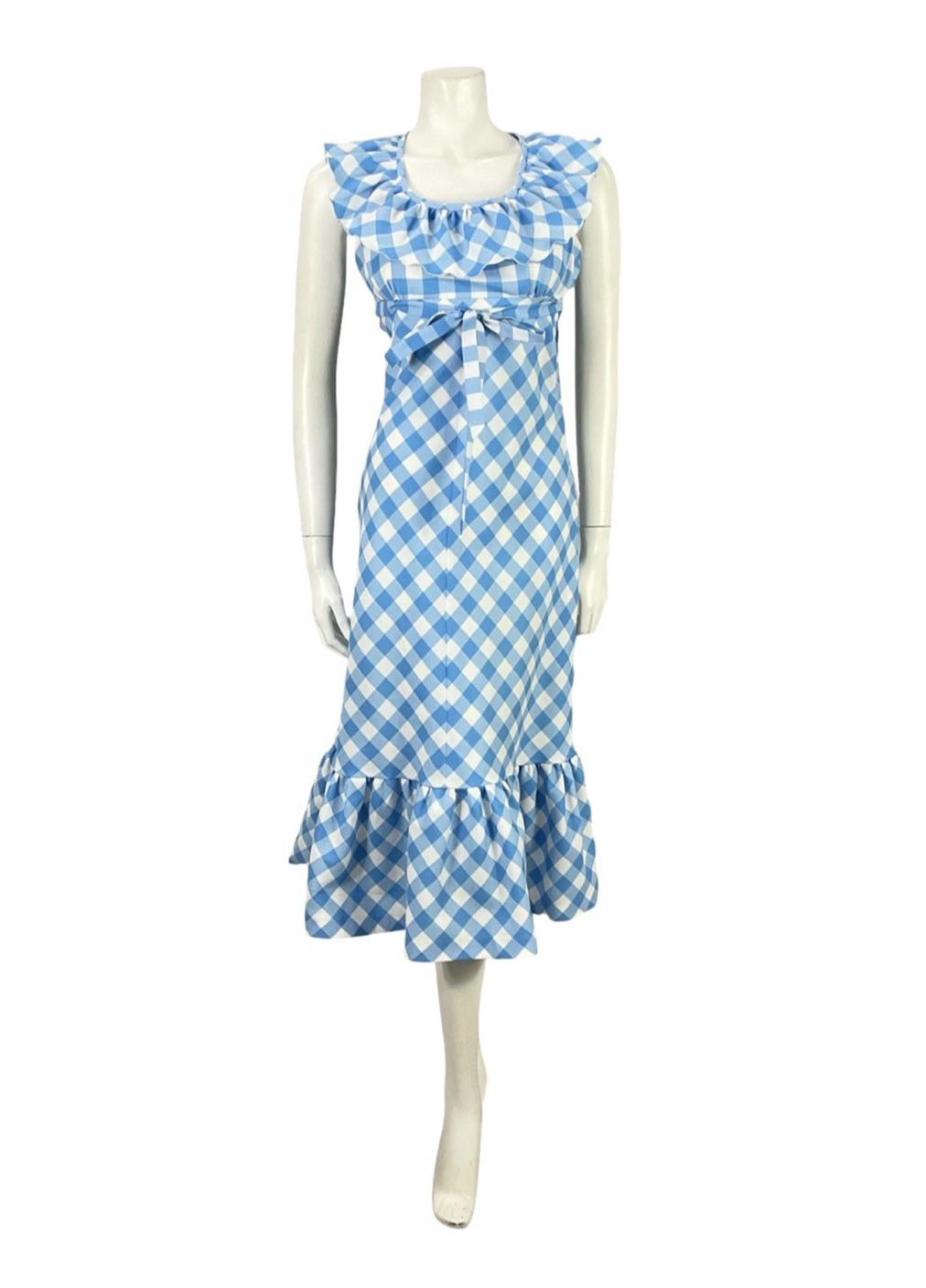 VTG 70S BLUE WHITE RUFFLE EMPIRE GINGHAM BOW COTTAGE PRAIRIE MIDI DRESS 8