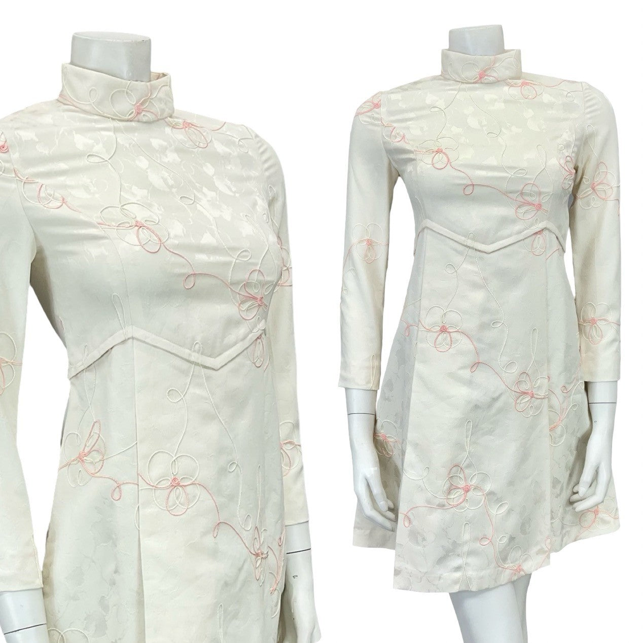 VTG 60S STYLE CREAM PINK DAMASK FLORAL MOD GOGO EMPIRE PLEAT WEDDING DRESS 4