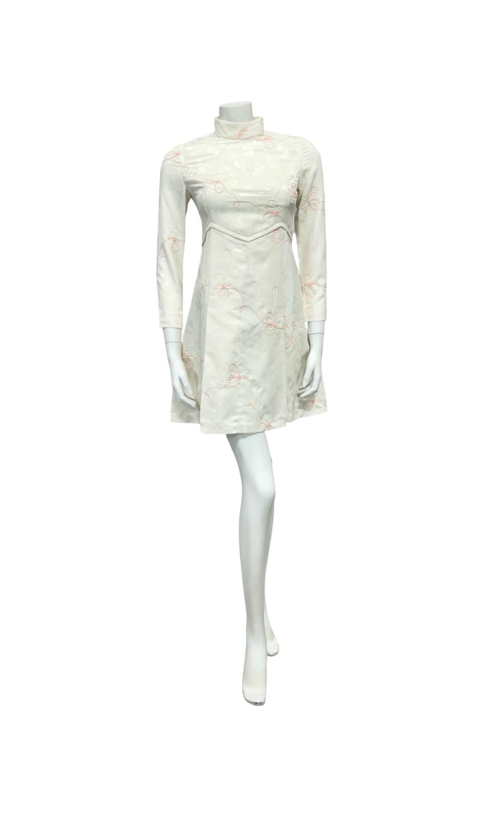 VTG 60S STYLE CREAM PINK DAMASK FLORAL MOD GOGO EMPIRE PLEAT WEDDING DRESS 4