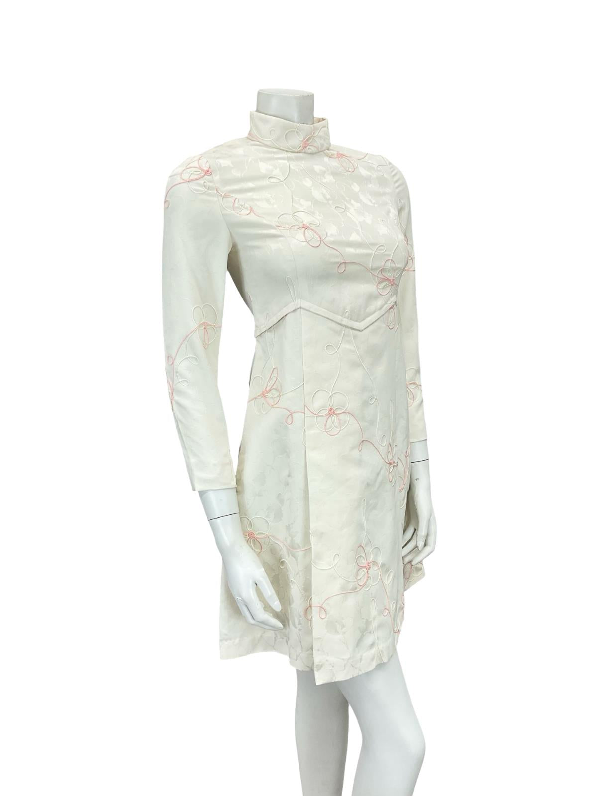 VTG 60S STYLE CREAM PINK DAMASK FLORAL MOD GOGO EMPIRE PLEAT WEDDING DRESS 4