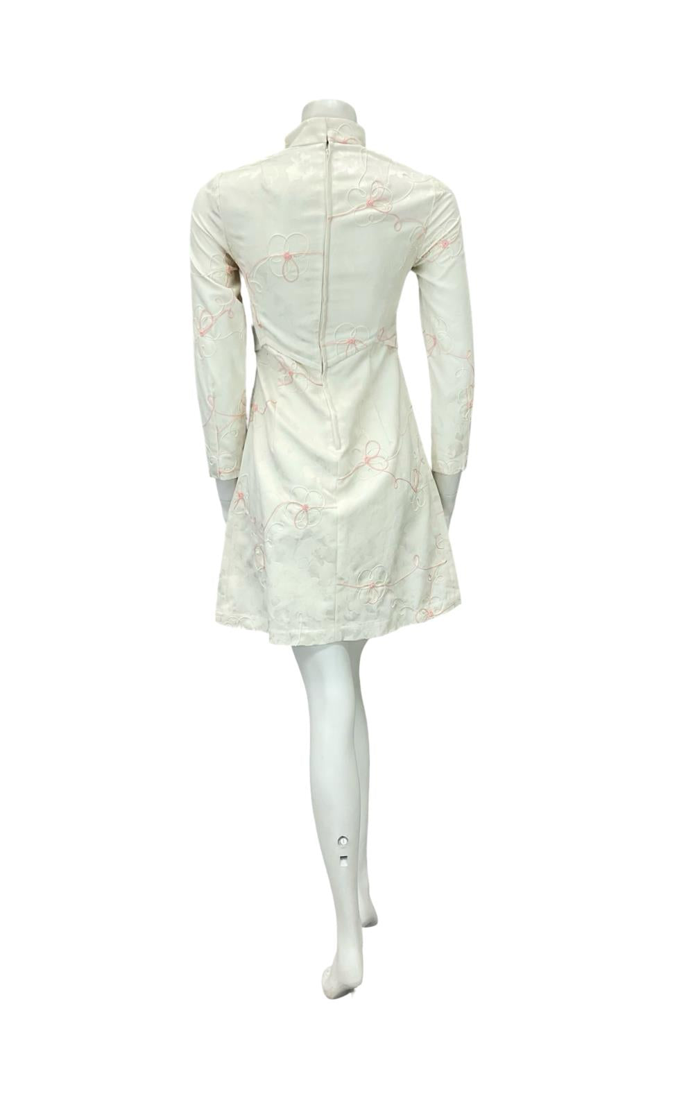 VTG 60S STYLE CREAM PINK DAMASK FLORAL MOD GOGO EMPIRE PLEAT WEDDING DRESS 4