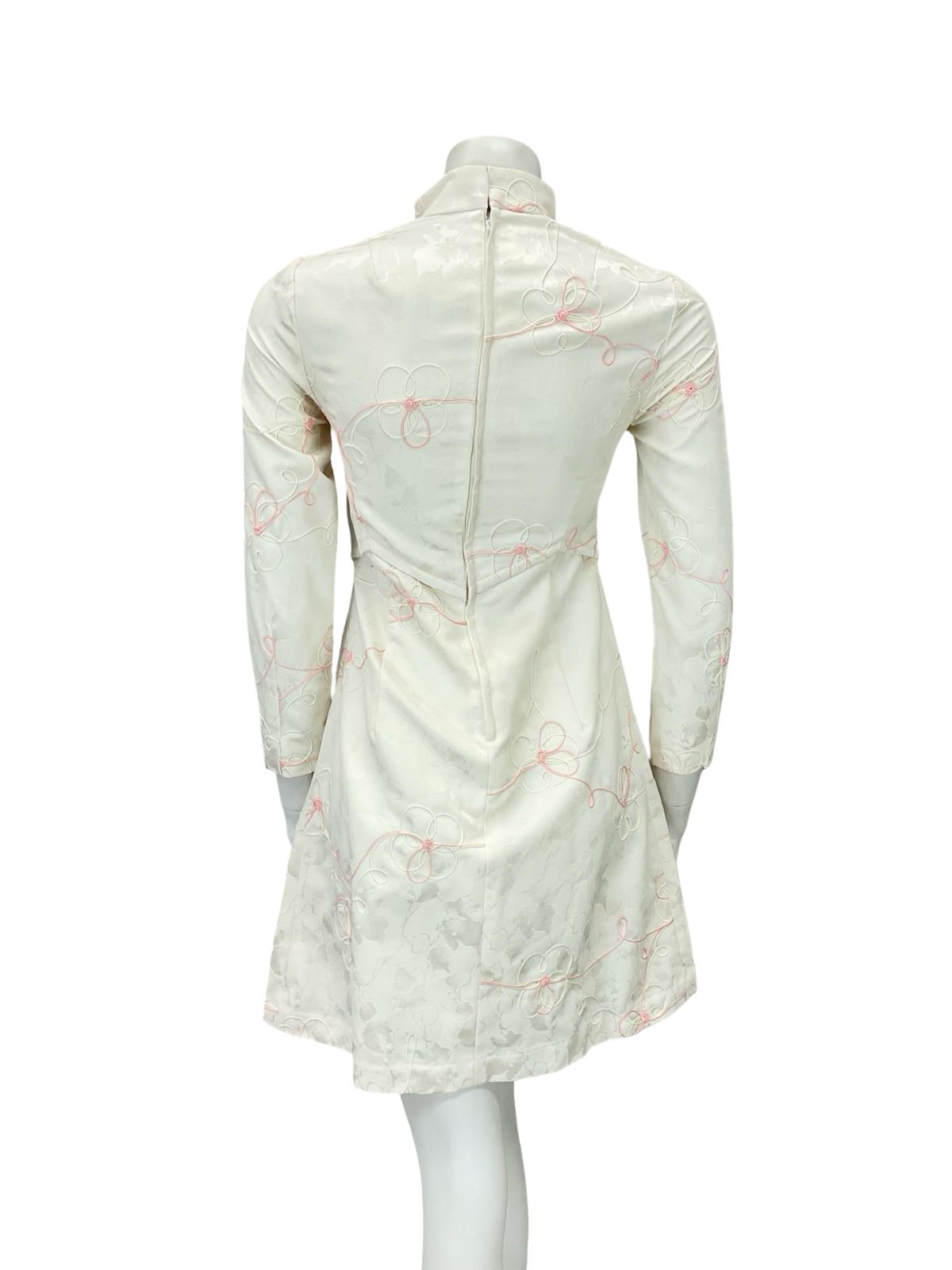 VTG 60S STYLE CREAM PINK DAMASK FLORAL MOD GOGO EMPIRE PLEAT WEDDING DRESS 4