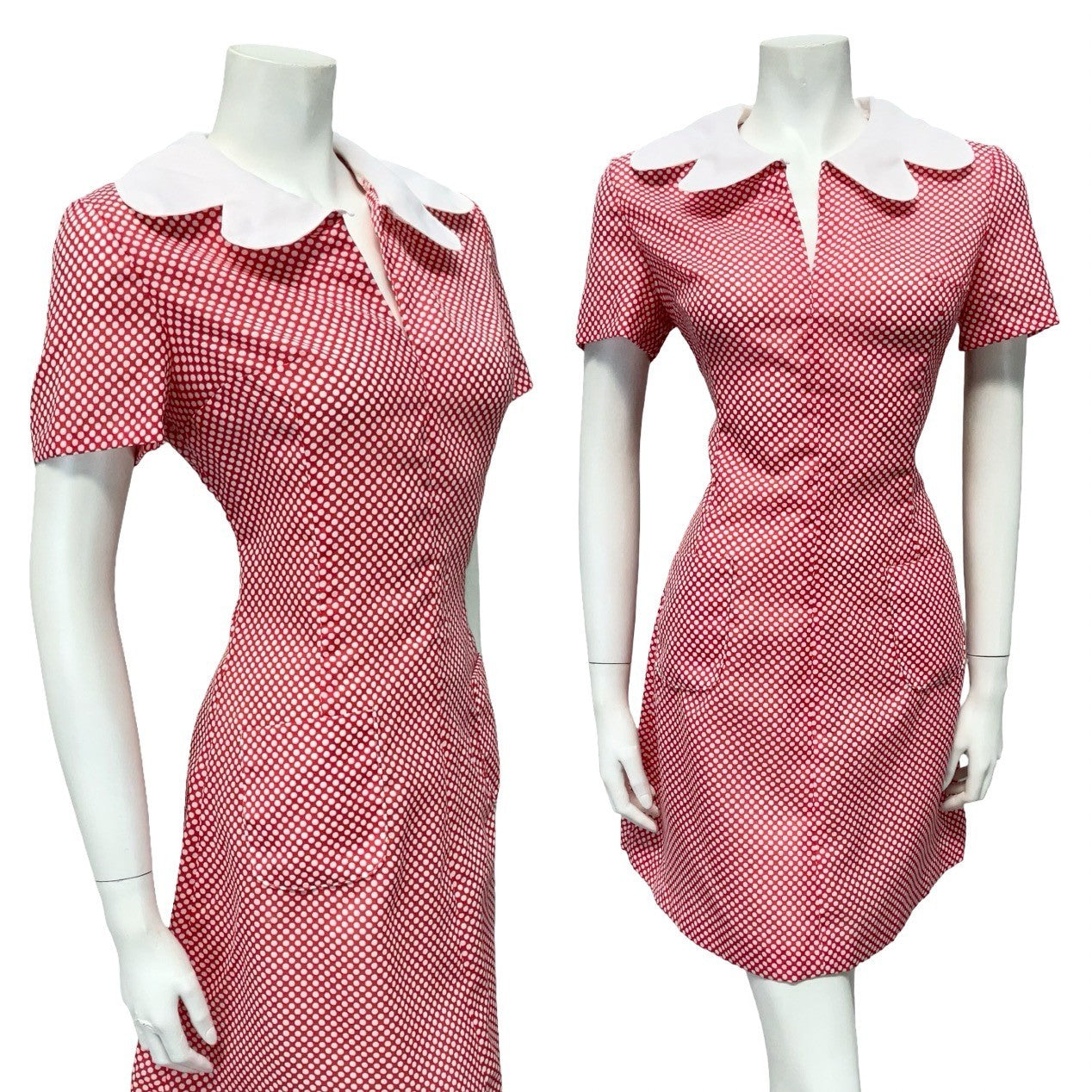 VTG 60S RED WHITE MOD GOGO BUTTERFLY COLLAR POLKA DOT PENCIL DRESS 12 14 M