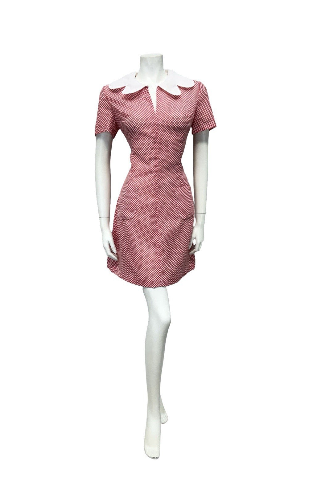 VTG 60S RED WHITE MOD GOGO BUTTERFLY COLLAR POLKA DOT PENCIL DRESS 12 14 M