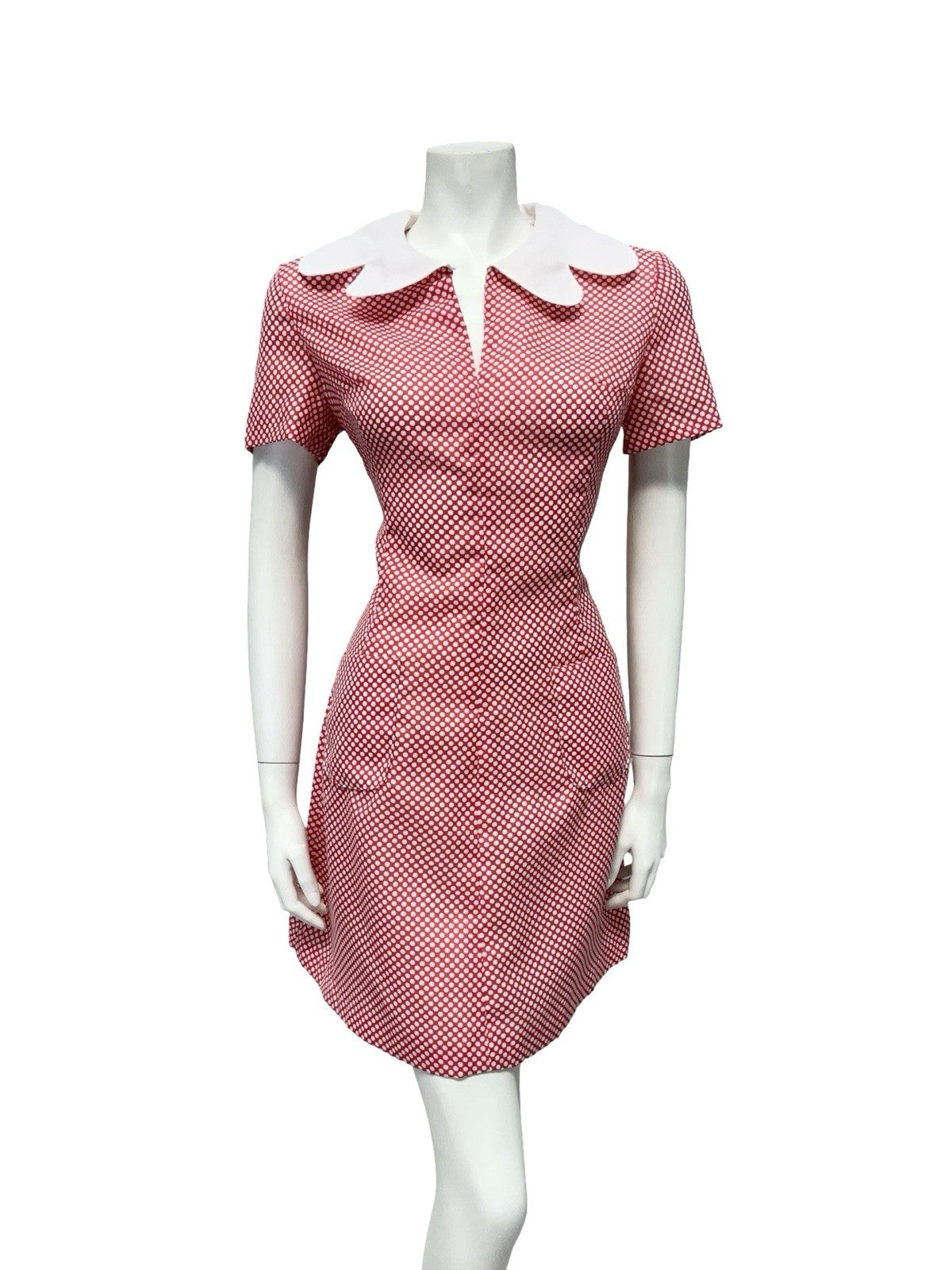 VTG 60S RED WHITE MOD GOGO BUTTERFLY COLLAR POLKA DOT PENCIL DRESS 12 14 M