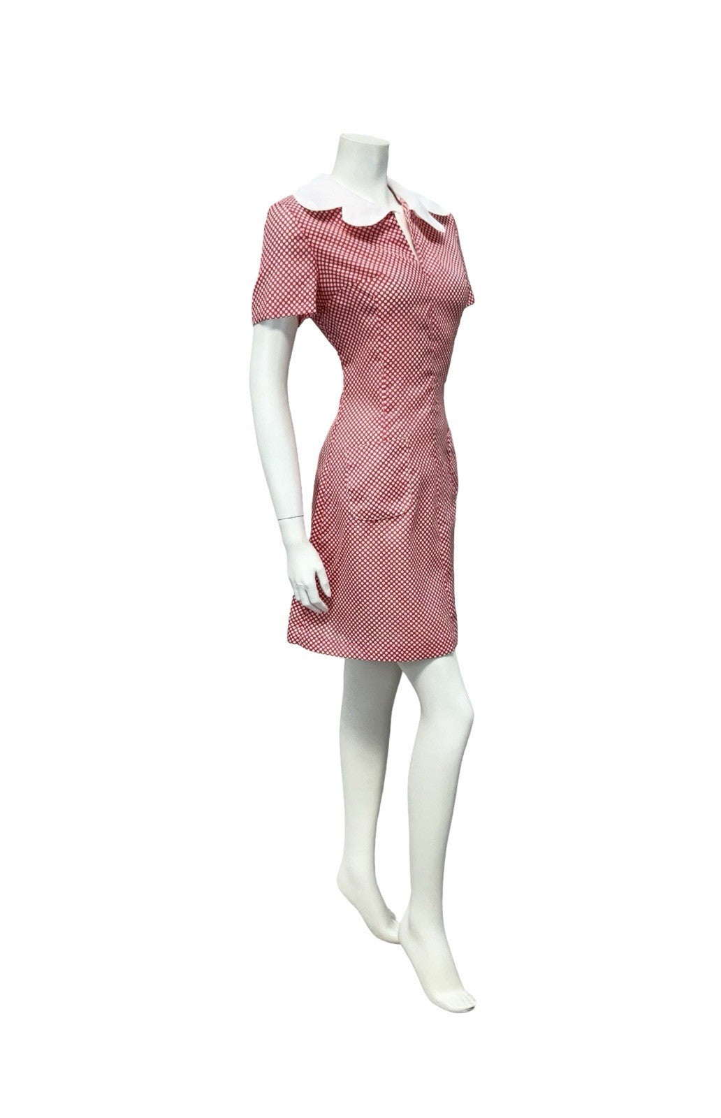 VTG 60S RED WHITE MOD GOGO BUTTERFLY COLLAR POLKA DOT PENCIL DRESS 12 14 M