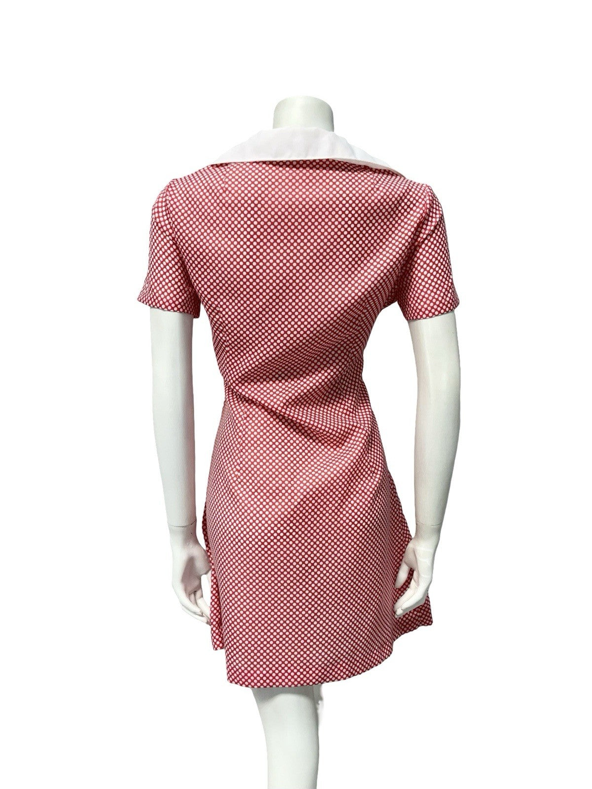 VTG 60S RED WHITE MOD GOGO BUTTERFLY COLLAR POLKA DOT PENCIL DRESS 12 14 M