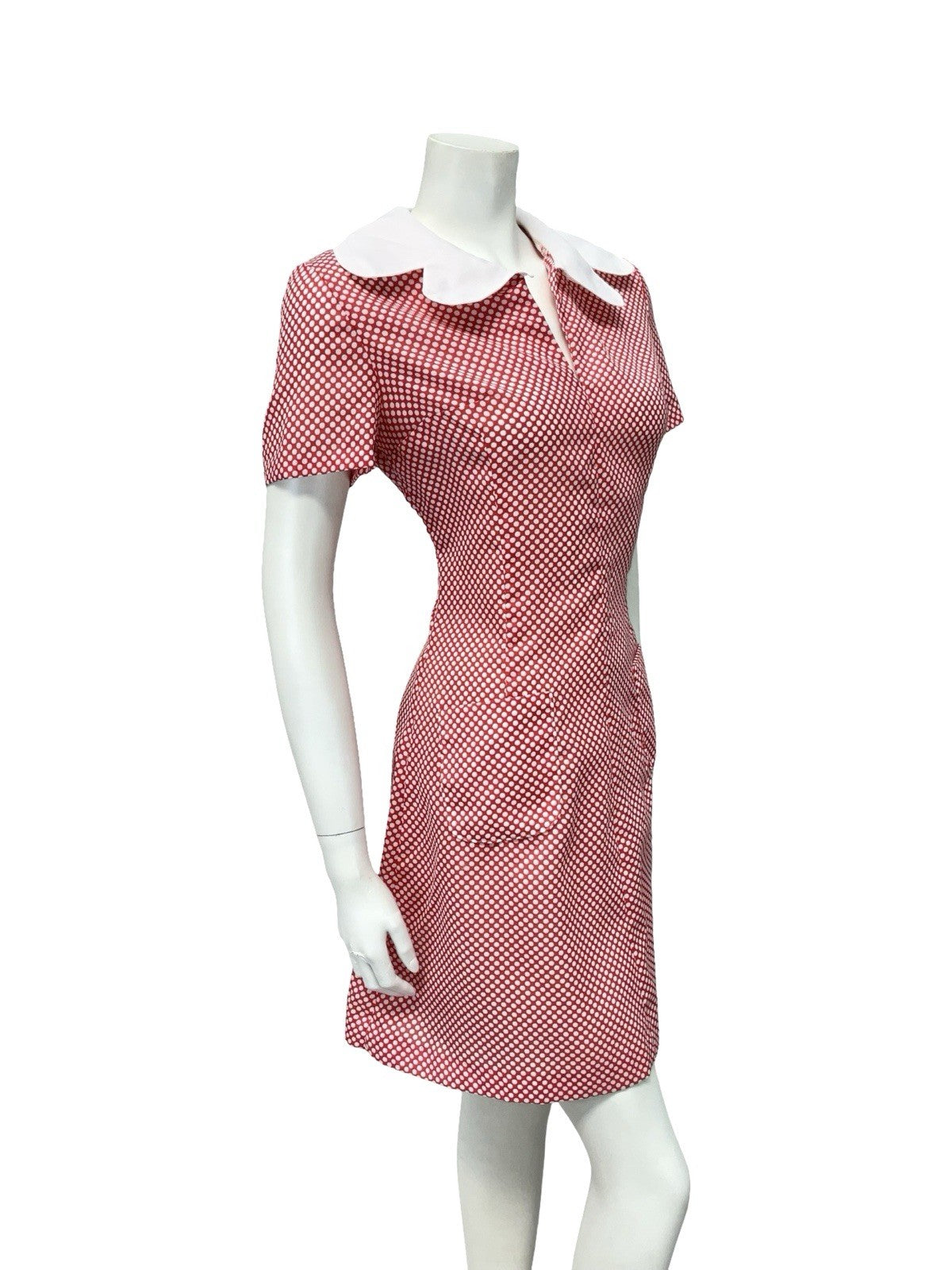 VTG 60S RED WHITE MOD GOGO BUTTERFLY COLLAR POLKA DOT PENCIL DRESS 12 14 M