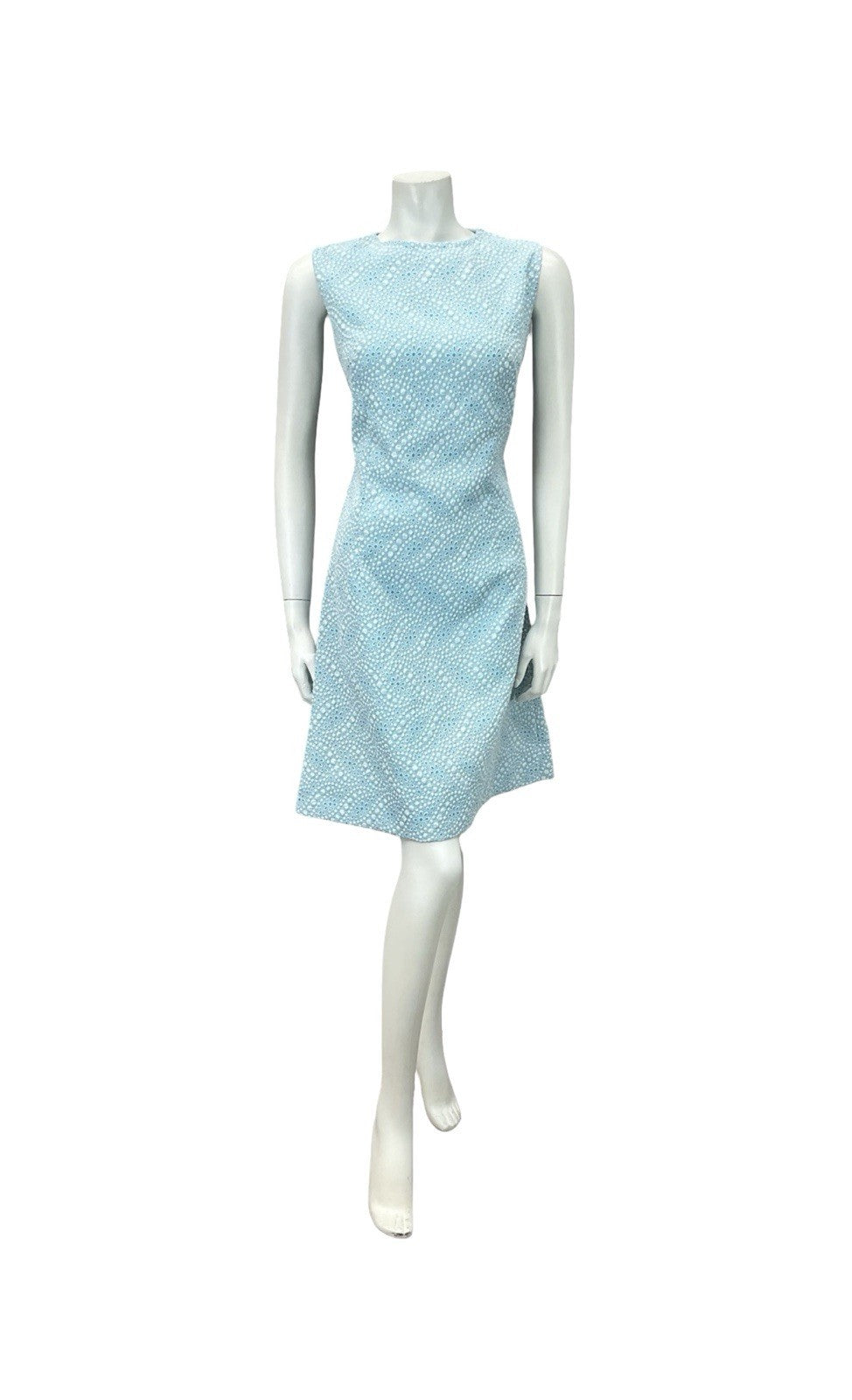 VTG 60S MOD GOGO SKY BLUE WHITE FLORAL DOTTY GEOMETRIC A LINE DRESS 10