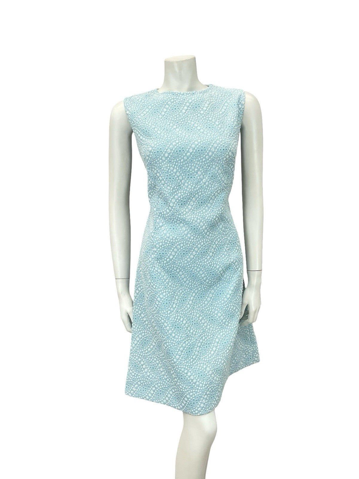 VTG 60S MOD GOGO SKY BLUE WHITE FLORAL DOTTY GEOMETRIC A LINE DRESS 10