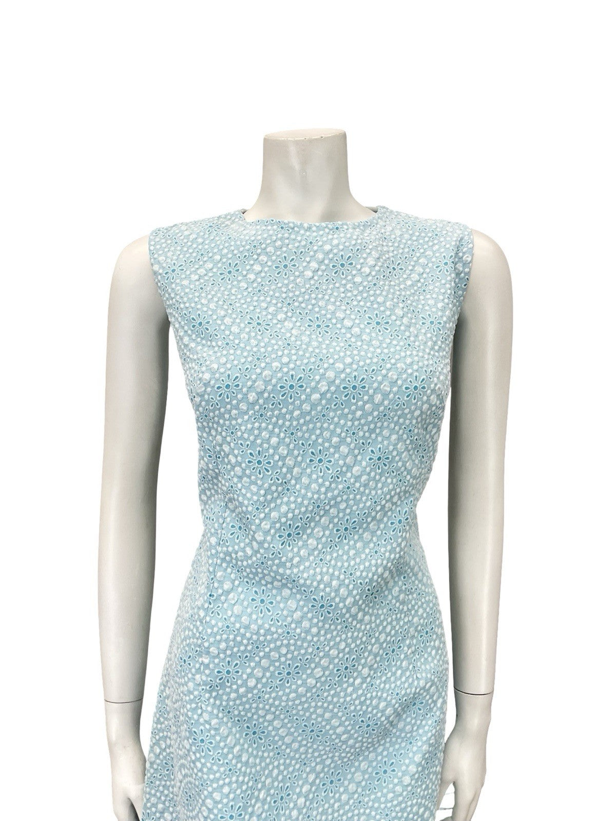 VTG 60S MOD GOGO SKY BLUE WHITE FLORAL DOTTY GEOMETRIC A LINE DRESS 10