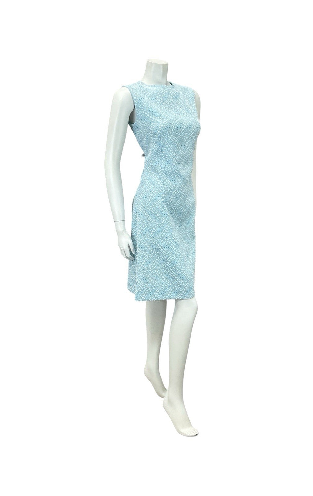 VTG 60S MOD GOGO SKY BLUE WHITE FLORAL DOTTY GEOMETRIC A LINE DRESS 10