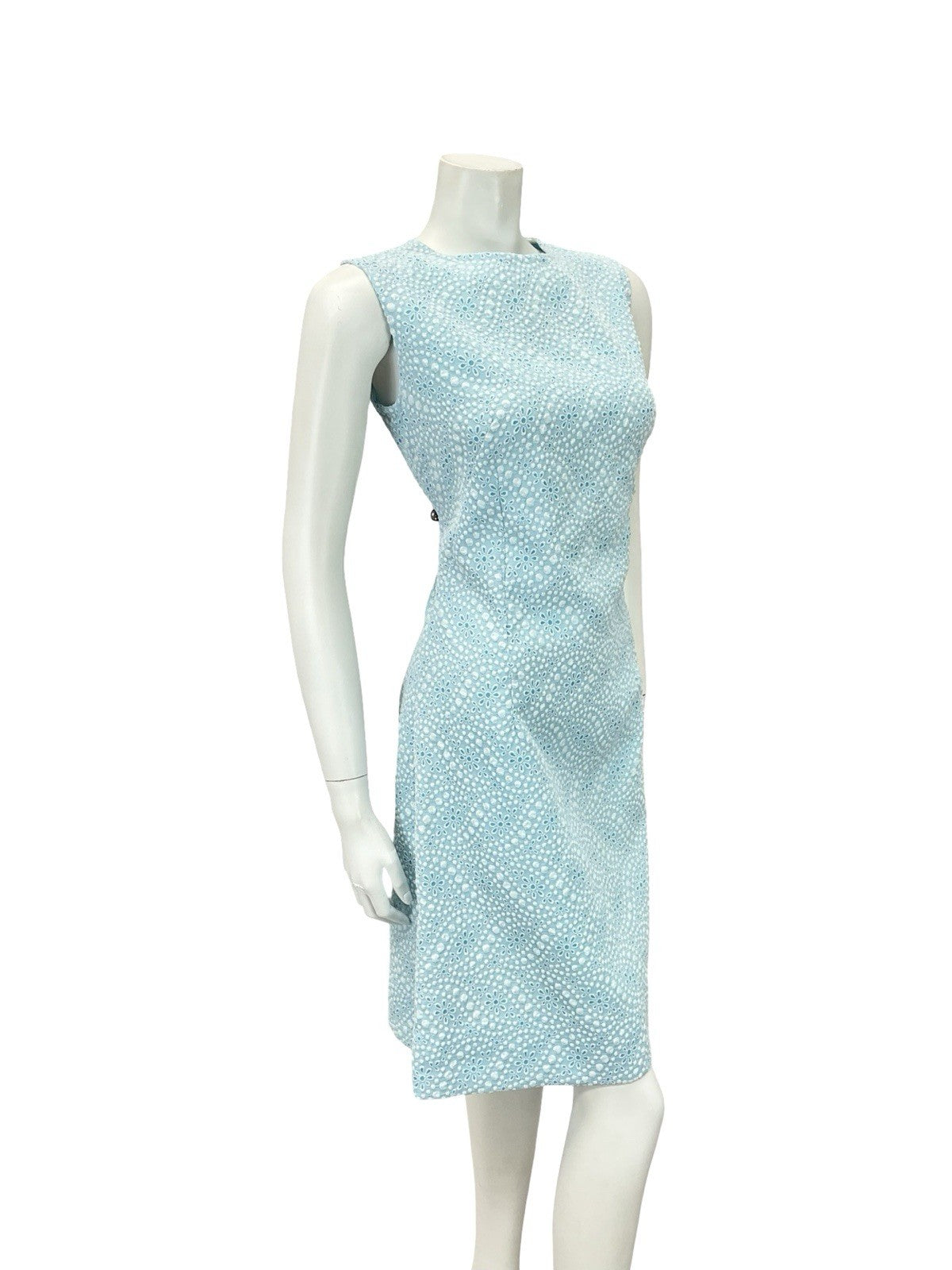 VTG 60S MOD GOGO SKY BLUE WHITE FLORAL DOTTY GEOMETRIC A LINE DRESS 10