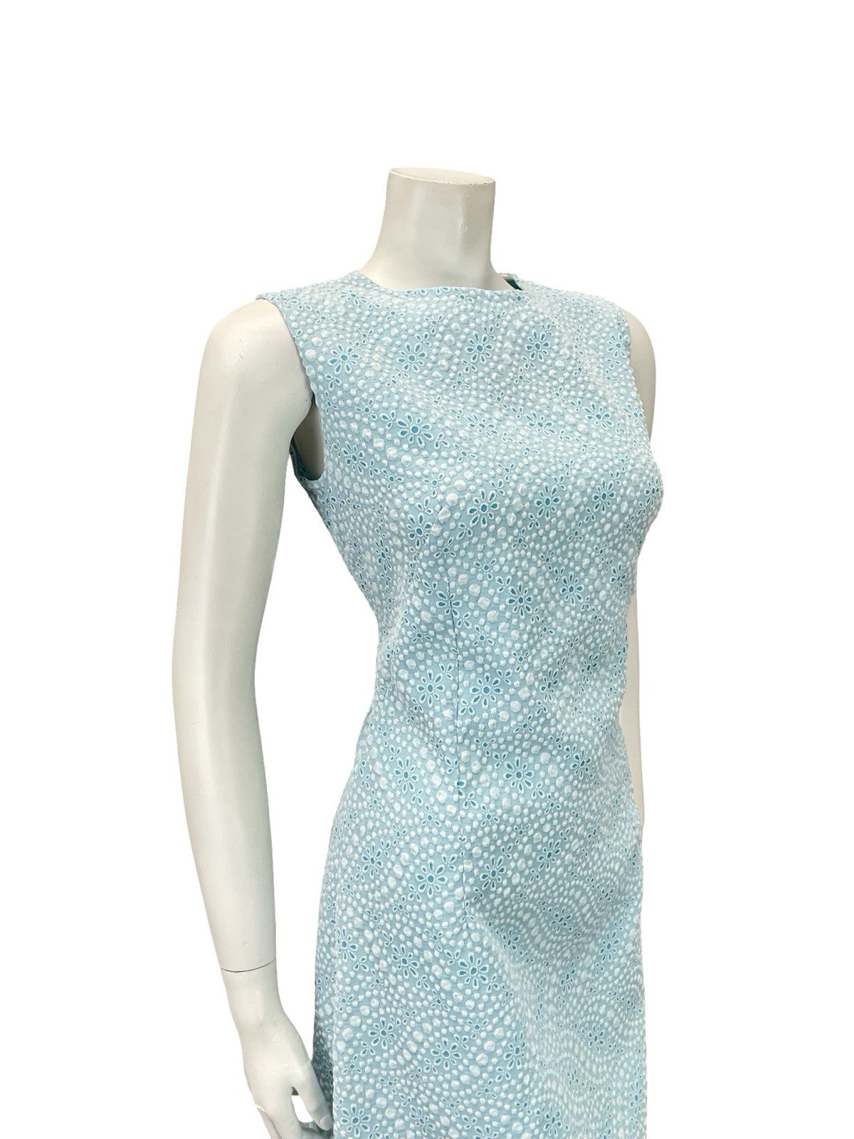 VTG 60S MOD GOGO SKY BLUE WHITE FLORAL DOTTY GEOMETRIC A LINE DRESS 10