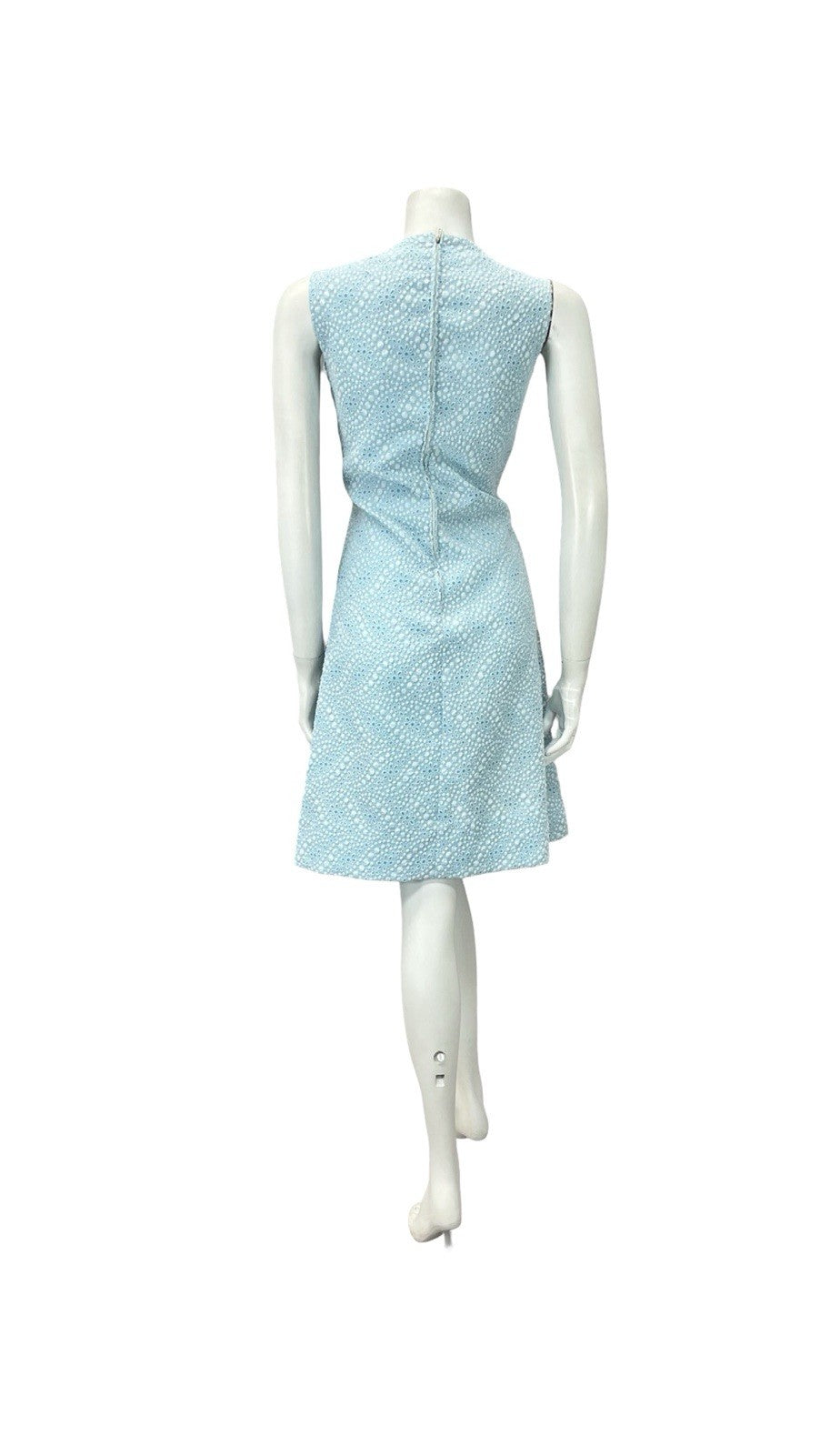 VTG 60S MOD GOGO SKY BLUE WHITE FLORAL DOTTY GEOMETRIC A LINE DRESS 10