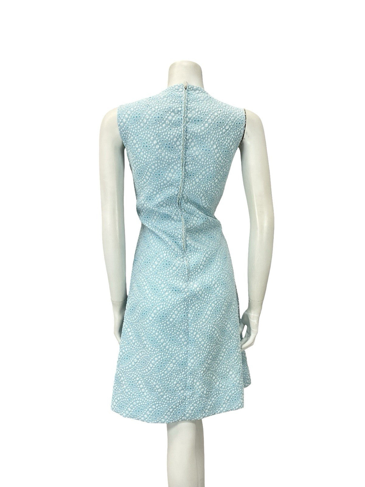 VTG 60S MOD GOGO SKY BLUE WHITE FLORAL DOTTY GEOMETRIC A LINE DRESS 10
