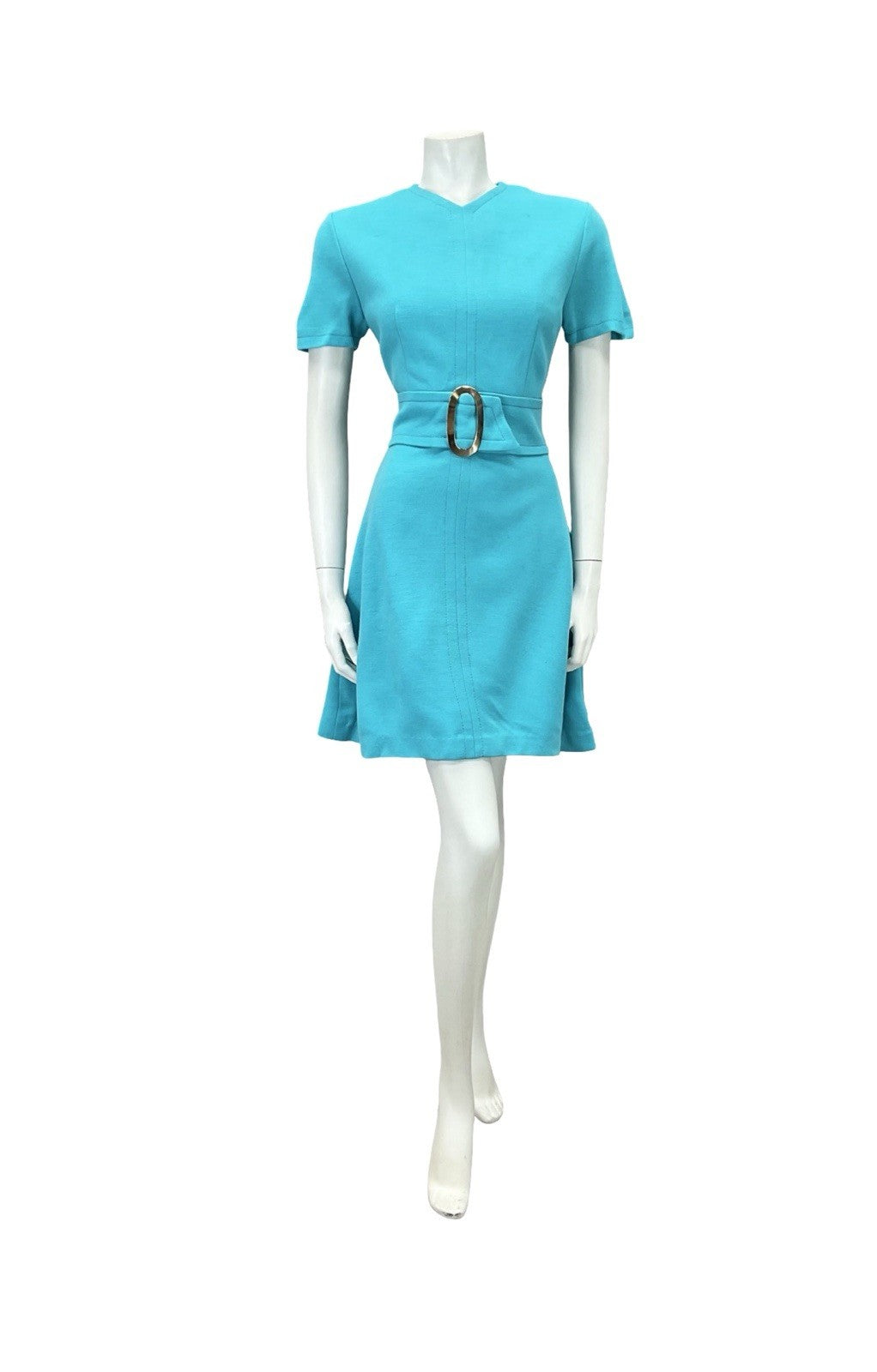 VTG 60S MOD GOGO SPACE AGE BRIGHT BLUE O RING BELT A LINE MINI DRESS 8 10 S