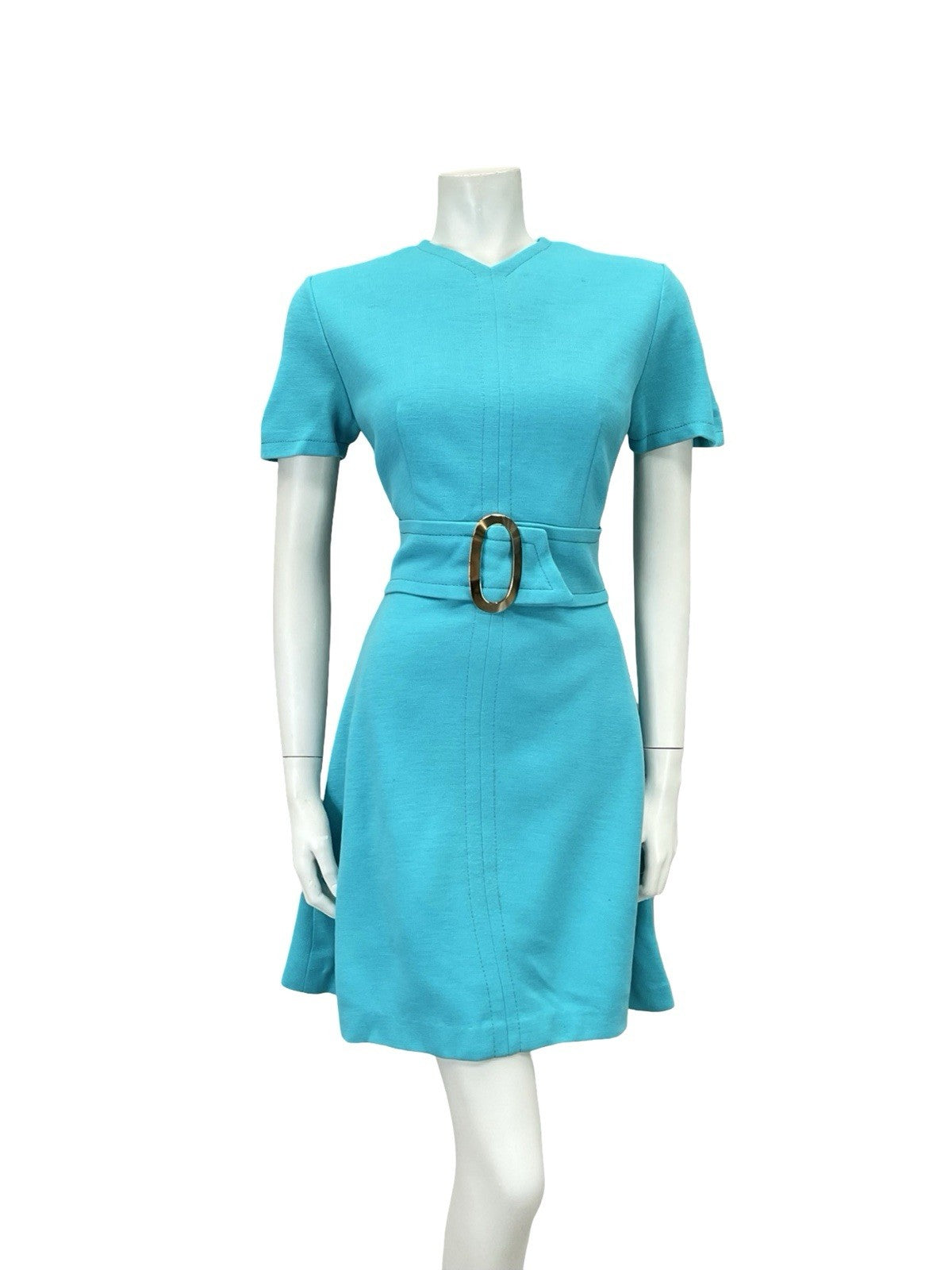 VTG 60S MOD GOGO SPACE AGE BRIGHT BLUE O RING BELT A LINE MINI DRESS 8 10 S