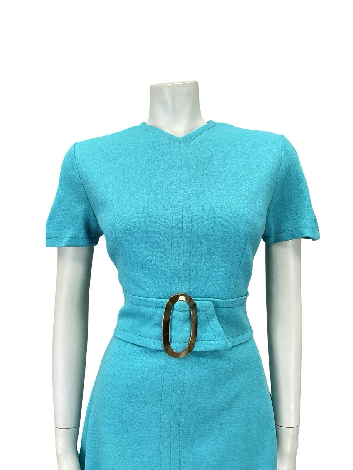 VTG 60S MOD GOGO SPACE AGE BRIGHT BLUE O RING BELT A LINE MINI DRESS 8 10 S