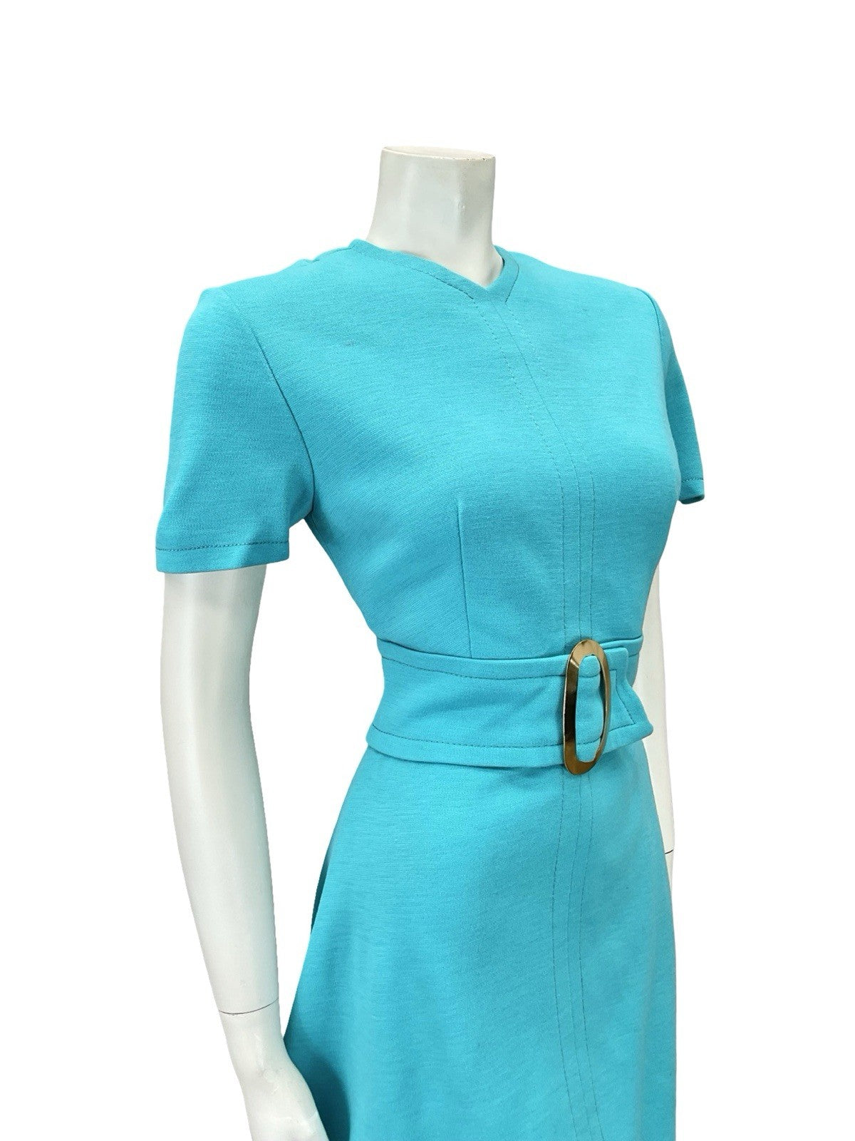 VTG 60S MOD GOGO SPACE AGE BRIGHT BLUE O RING BELT A LINE MINI DRESS 8 10 S
