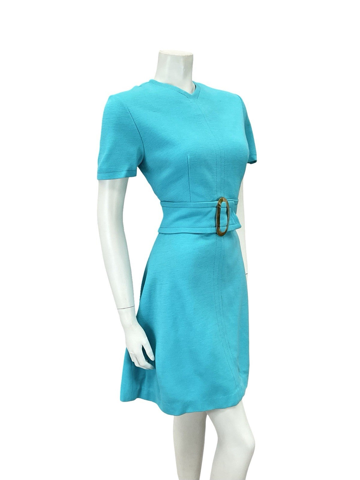 VTG 60S MOD GOGO SPACE AGE BRIGHT BLUE O RING BELT A LINE MINI DRESS 8 10 S