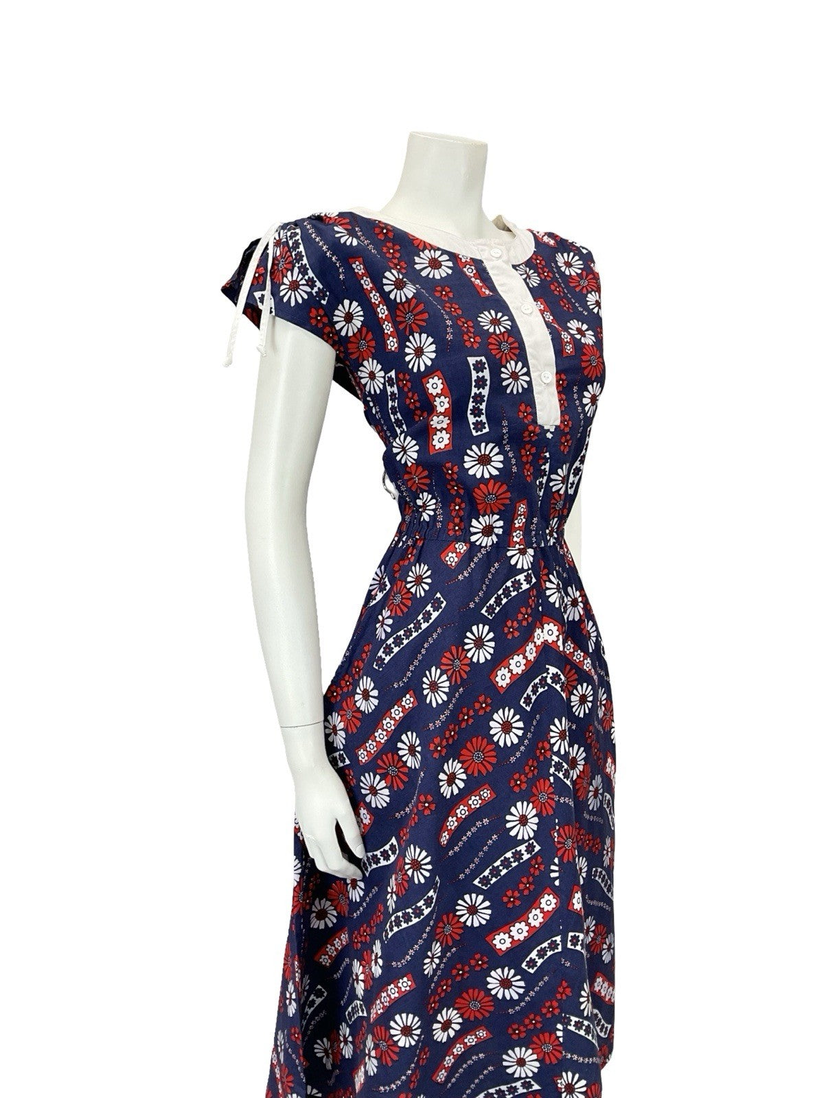VTG 60S NAVY BLUE RED WHITE FLORAL GEOMETRIC ELASTICATED RUCHED SWING DRESS 10