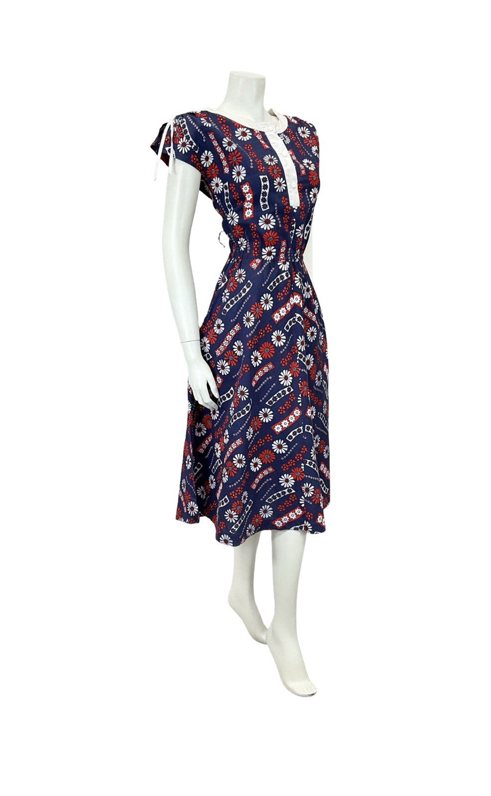VTG 60S NAVY BLUE RED WHITE FLORAL GEOMETRIC ELASTICATED RUCHED SWING DRESS 10