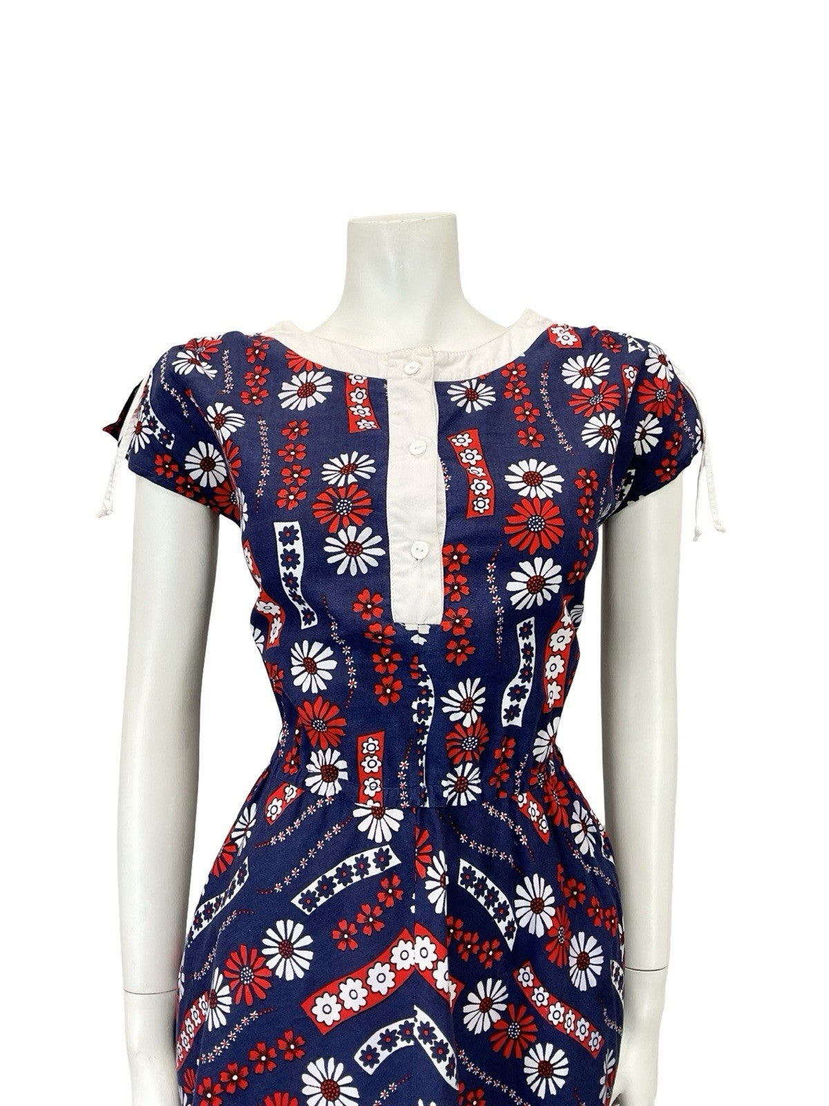 VTG 60S NAVY BLUE RED WHITE FLORAL GEOMETRIC ELASTICATED RUCHED SWING DRESS 10
